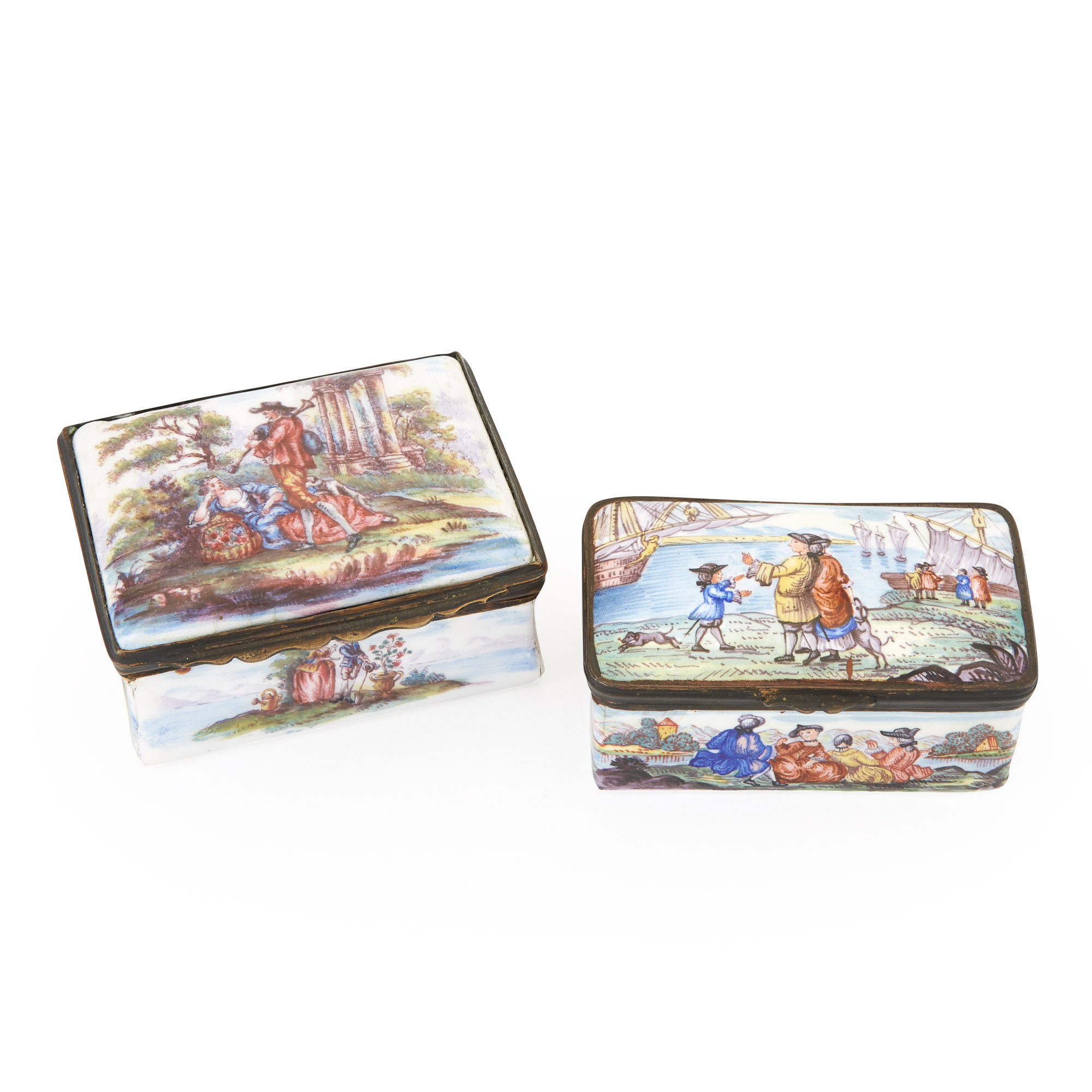 Lot image - Two Continental Gilt-Metal Mounted Enamel Snuff Boxes