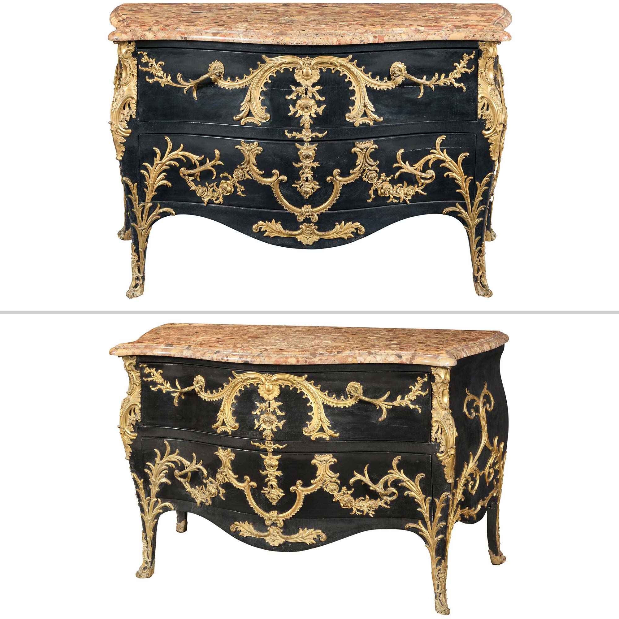 Lot image - Pair of Louis XV Style Ormolu-Mounted Black-Painted Commodes