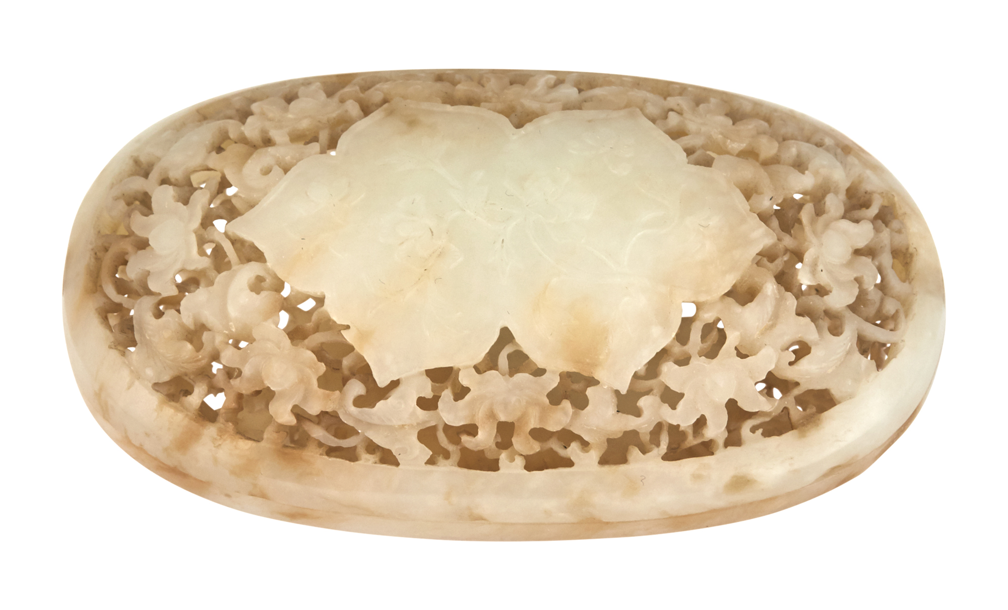 Lot image - A Chinese Pierced White and Russet Jade Oval Box