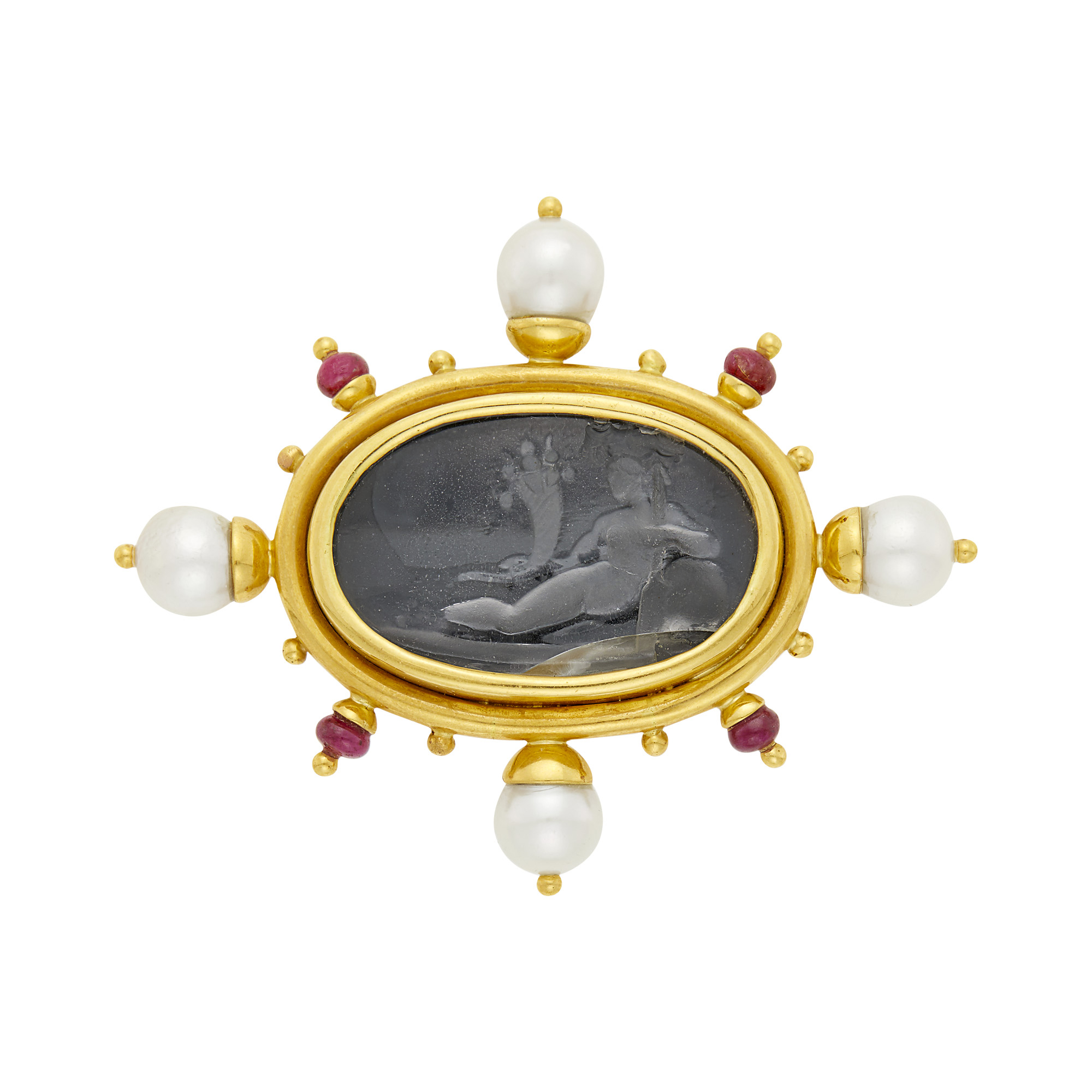 Lot image - Elizabeth Locke Gold, Venetian Glass Intaglio, Black Onyx, Cultured Pearl and Ruby Bead Clip-Brooch