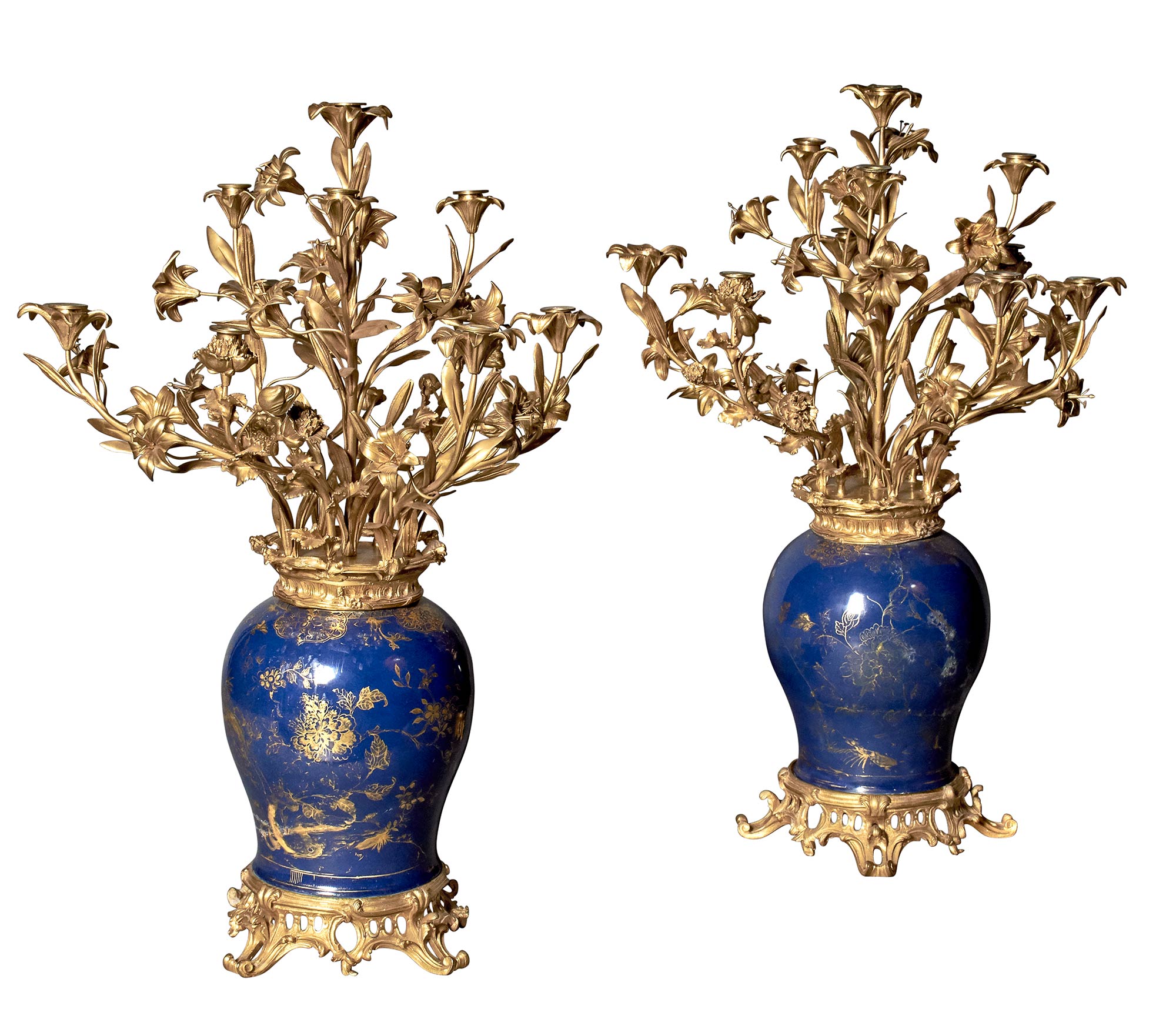 Lot image - Pair of French Ormolu-Mounted Chinese Blue-Ground Porcelain Ten-Light Vase Candelabra
