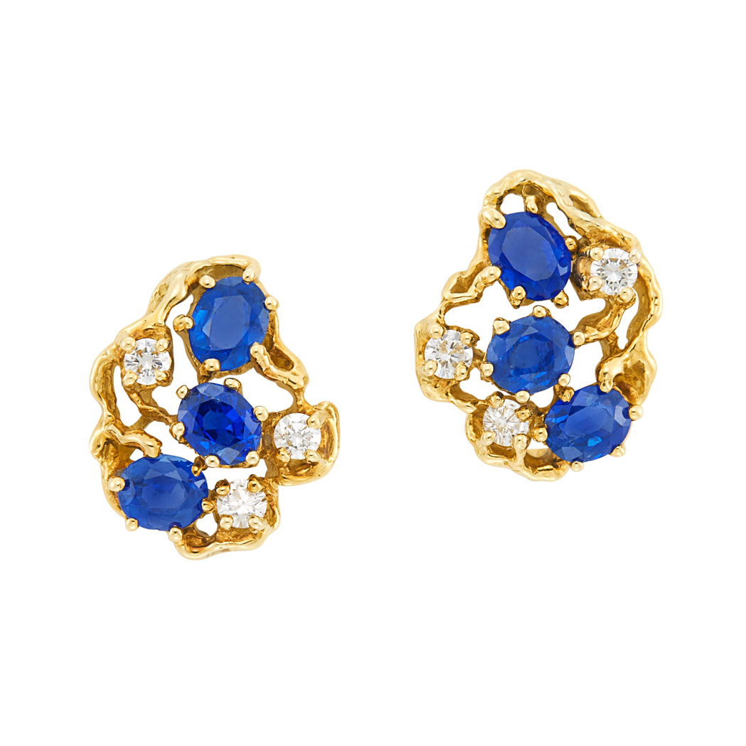 Lot image - Pair of Gold, Sapphire and Diamond Earrings, Arthur King