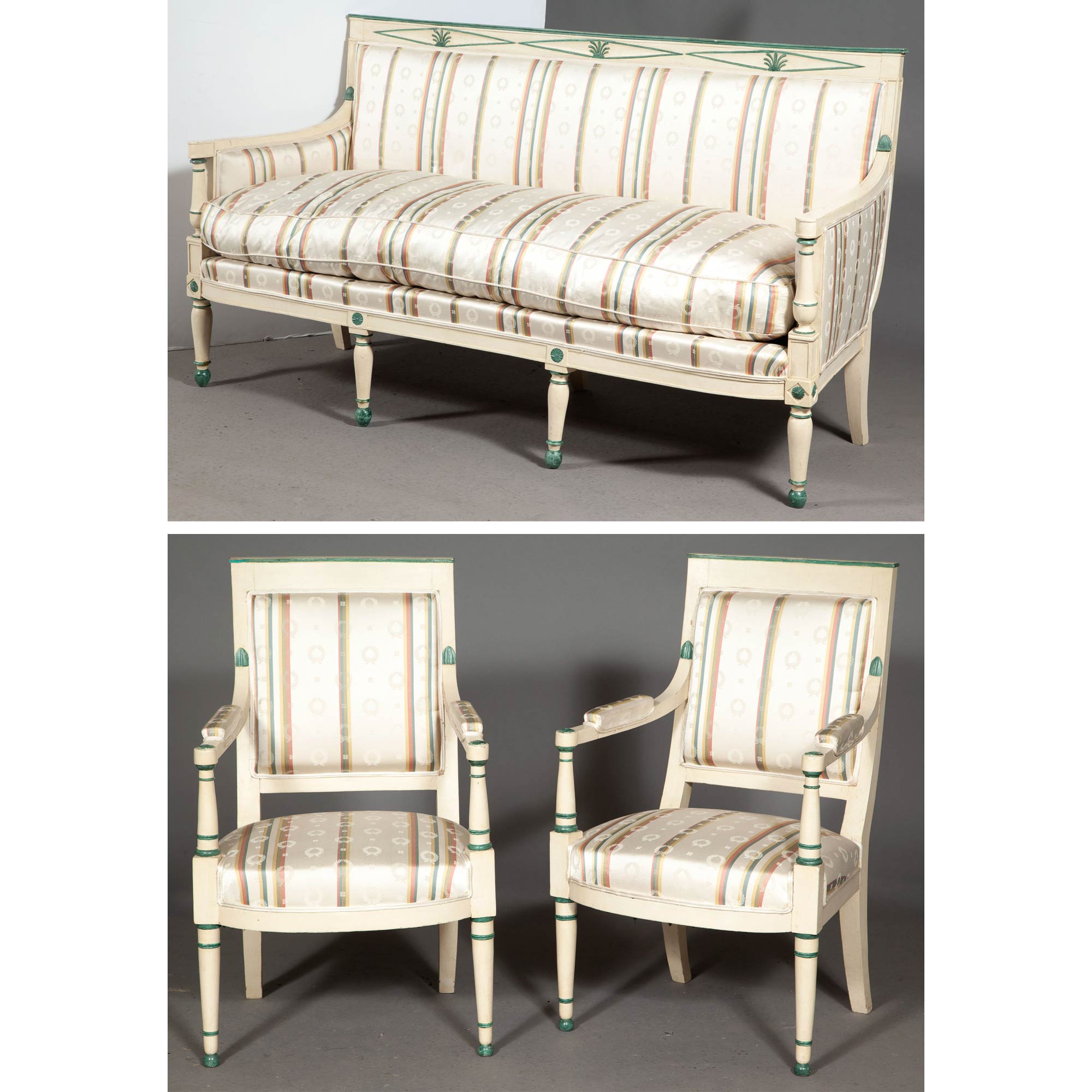 Lot image - Directoire Painted Canapé and Pair of Open Armchairs  (Fauteuils à la Reine)
