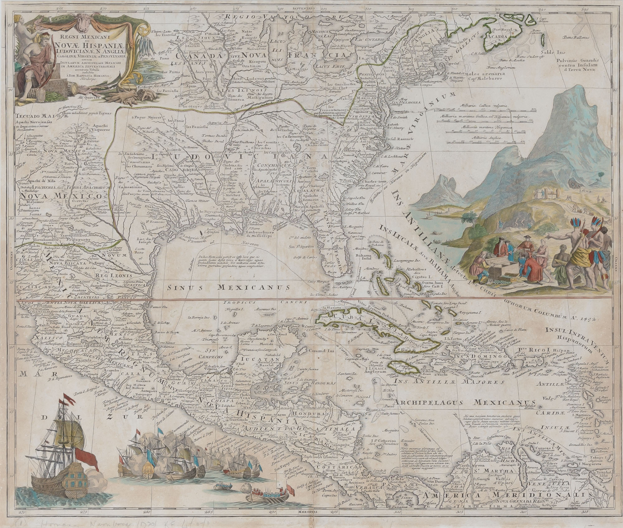 Lot image - [MAP]  HOMANN, JOHANN BAPTIST. Regni Mexicani seu Novae Hispaniae Ludovicianae, N. Angliae, Carolinae, Virginiae et Pensylvaniae nec non Insularum Archipelagi Mexicani in America Septentrionali Accurata Tabula.