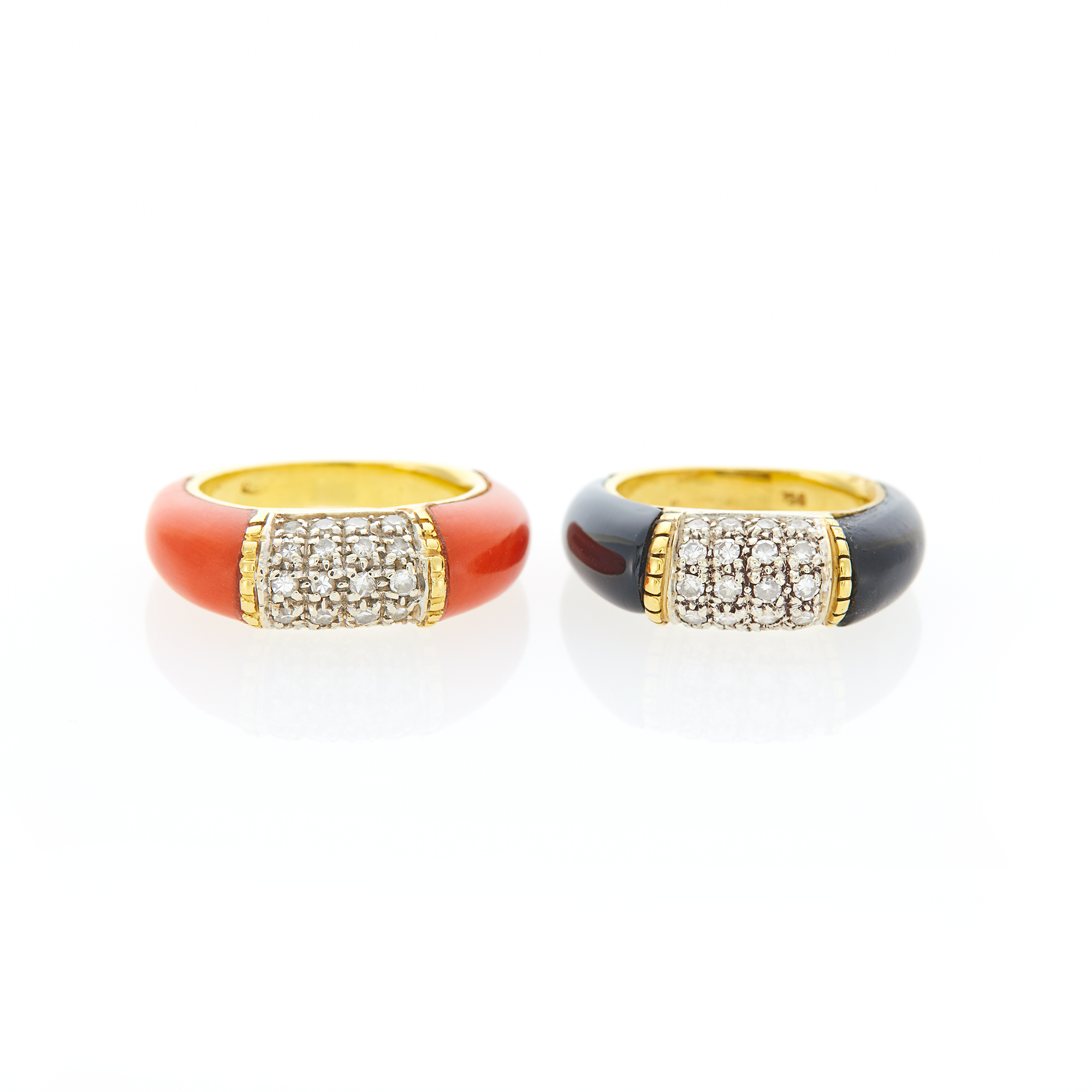 Lot image - Two Gold, Diamond, Black Onyx and Coral Rings