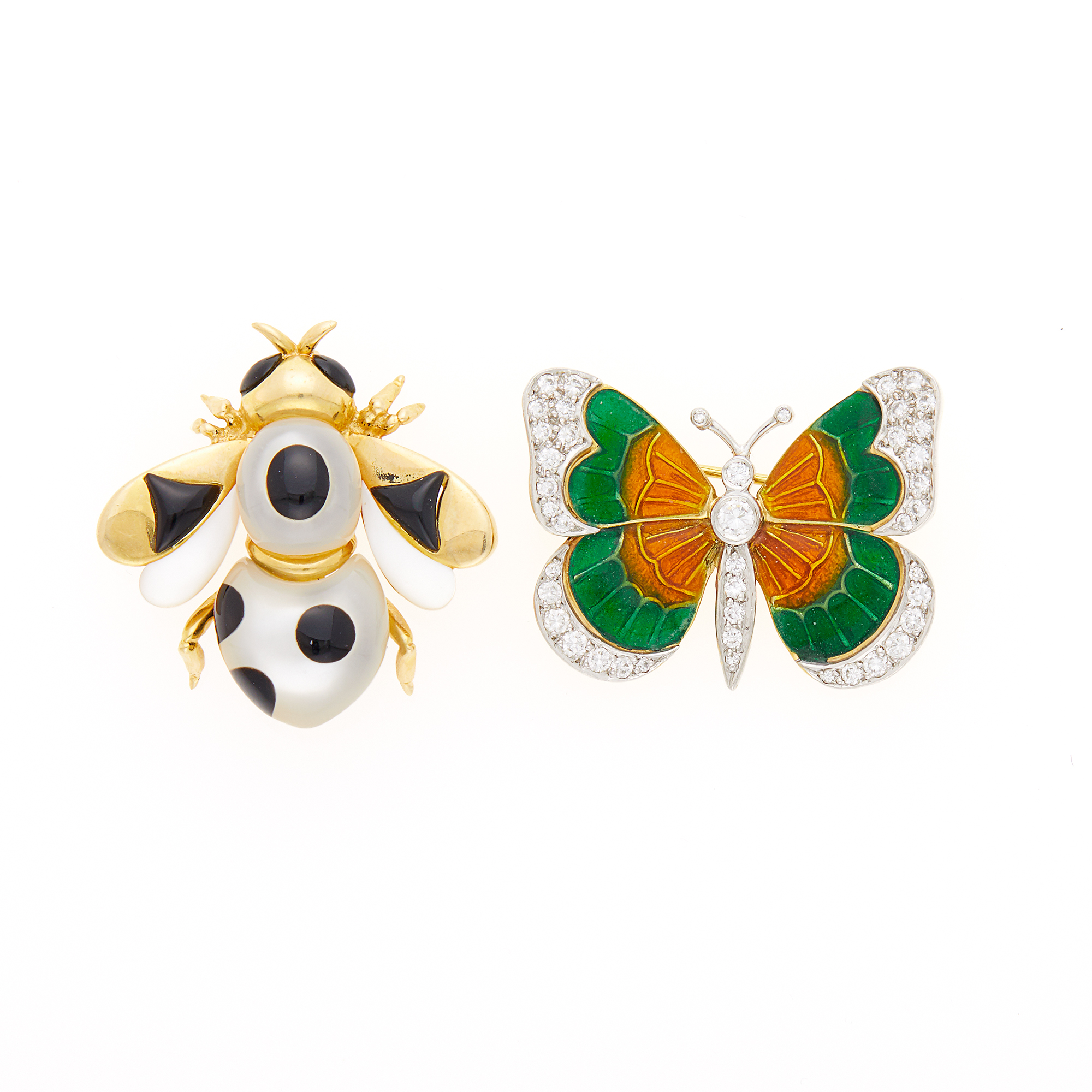 Lot image - Hammerman Brothers Gold, Platinum, Enamel and Diamond Butterfly Pin and Mother-of-Pearl and Black Onyx Bee Pin