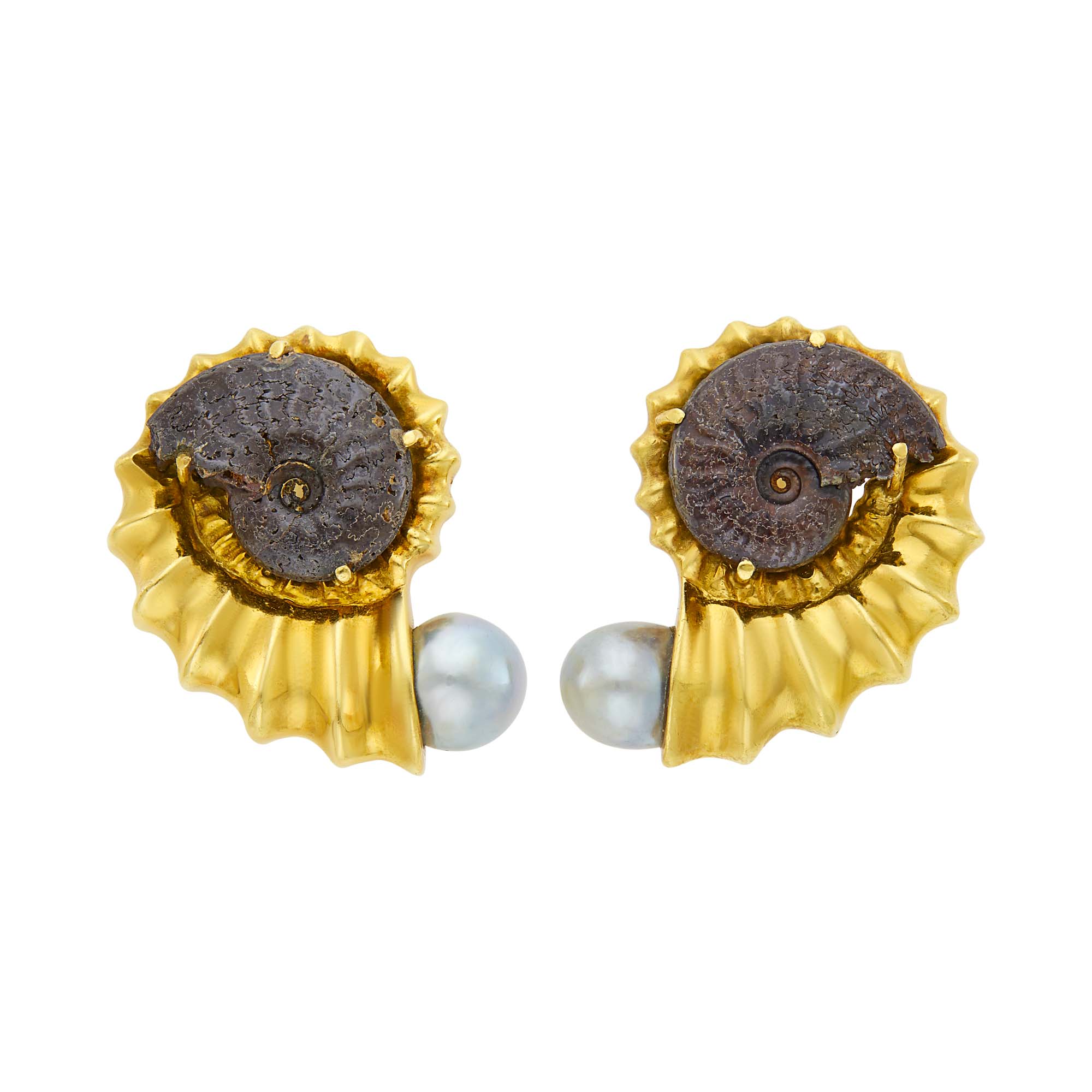 Lot image - Elizabeth Gage Pair of Gold, Ammolite and Gray Cultured Pearl Snail Earclips