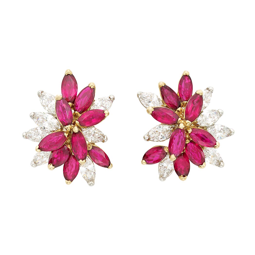 Lot image - Pair of Platinum, Gold, Ruby and Diamond Cluster Earclips, Oscar Heyman Brothers