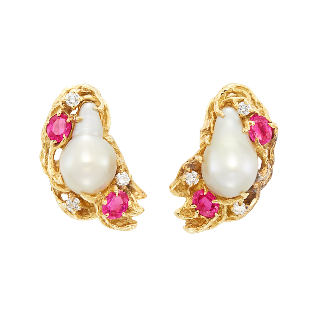 Lot image - Pair of Gold, South Sea Baroque Cultured Pearl, Ruby and Diamond Earclips, Arthur King