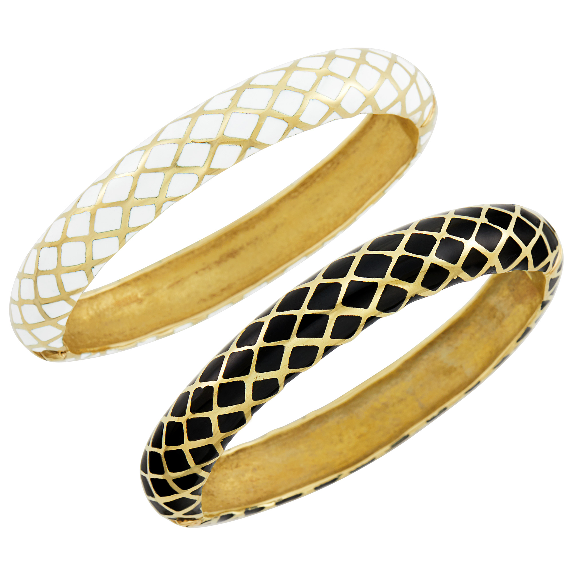 Lot image - Pair of Gold and White and Black Enamel Bangle Bracelets