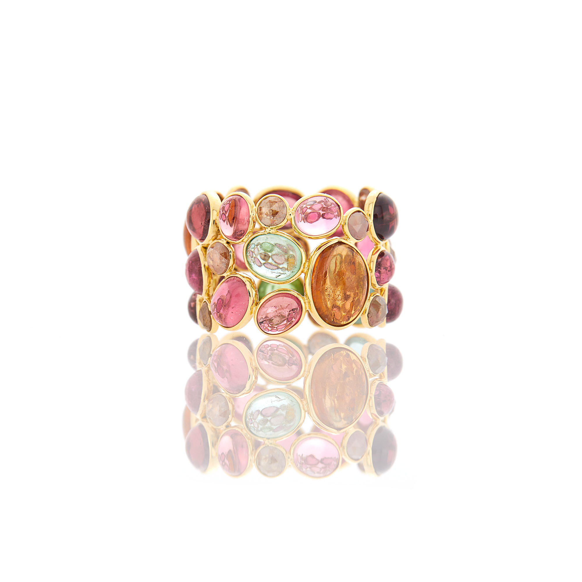 Lot image - Wide Gold and Multicolored Cabochon Tourmaline Band Ring