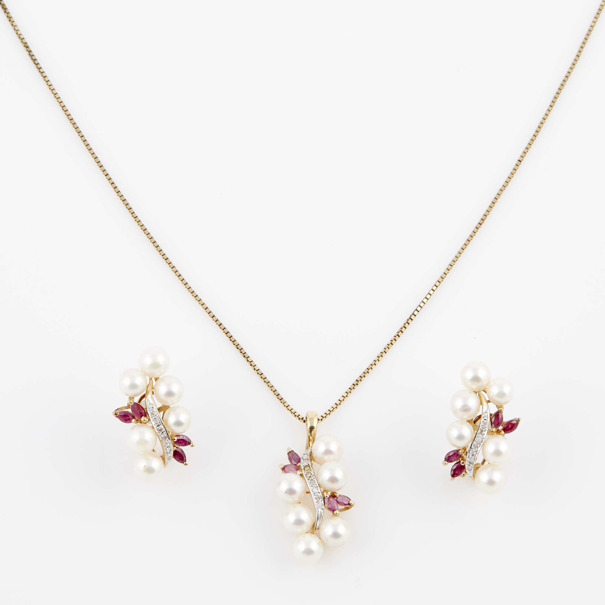 Lot image - Two Diamond, Bead and Stone Earrings, Pendant and Gold Neck Chain, 14K 12 dwt. all