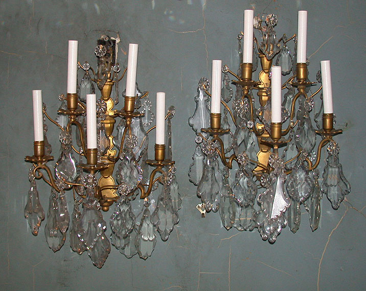 Lot image - Pair of Louis XV Style Gilt-Bronze and Cut Glass Five-Light Sconces