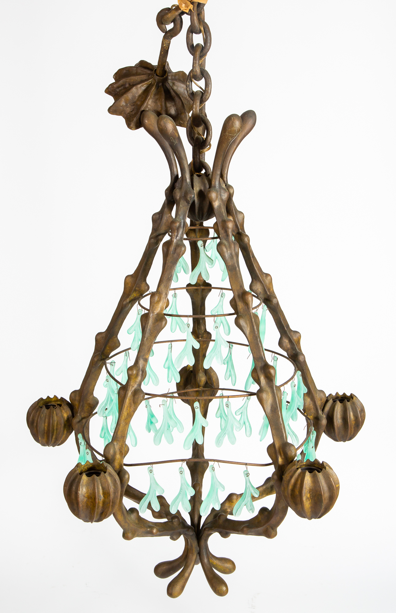 Lot image - Franck Evennou for Daum Patinated Bronze and Pâte de Verre Five-Light Chandelier
