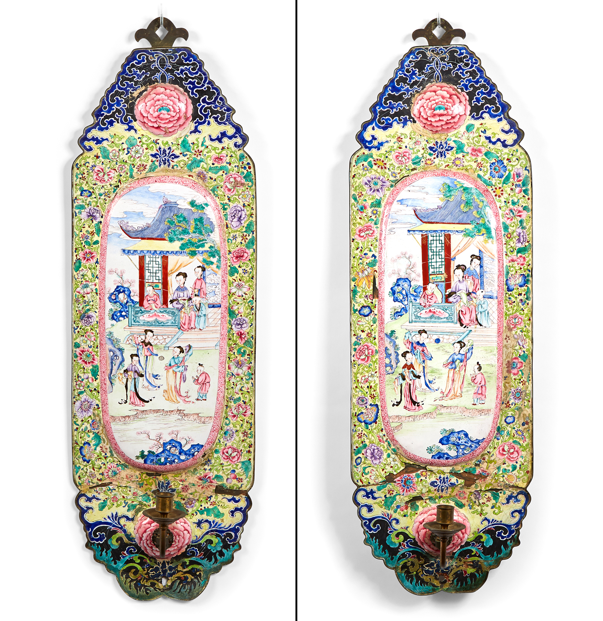 Lot image - A Large and Rare Pair of Chinese Canton Enamel Wall Sconces