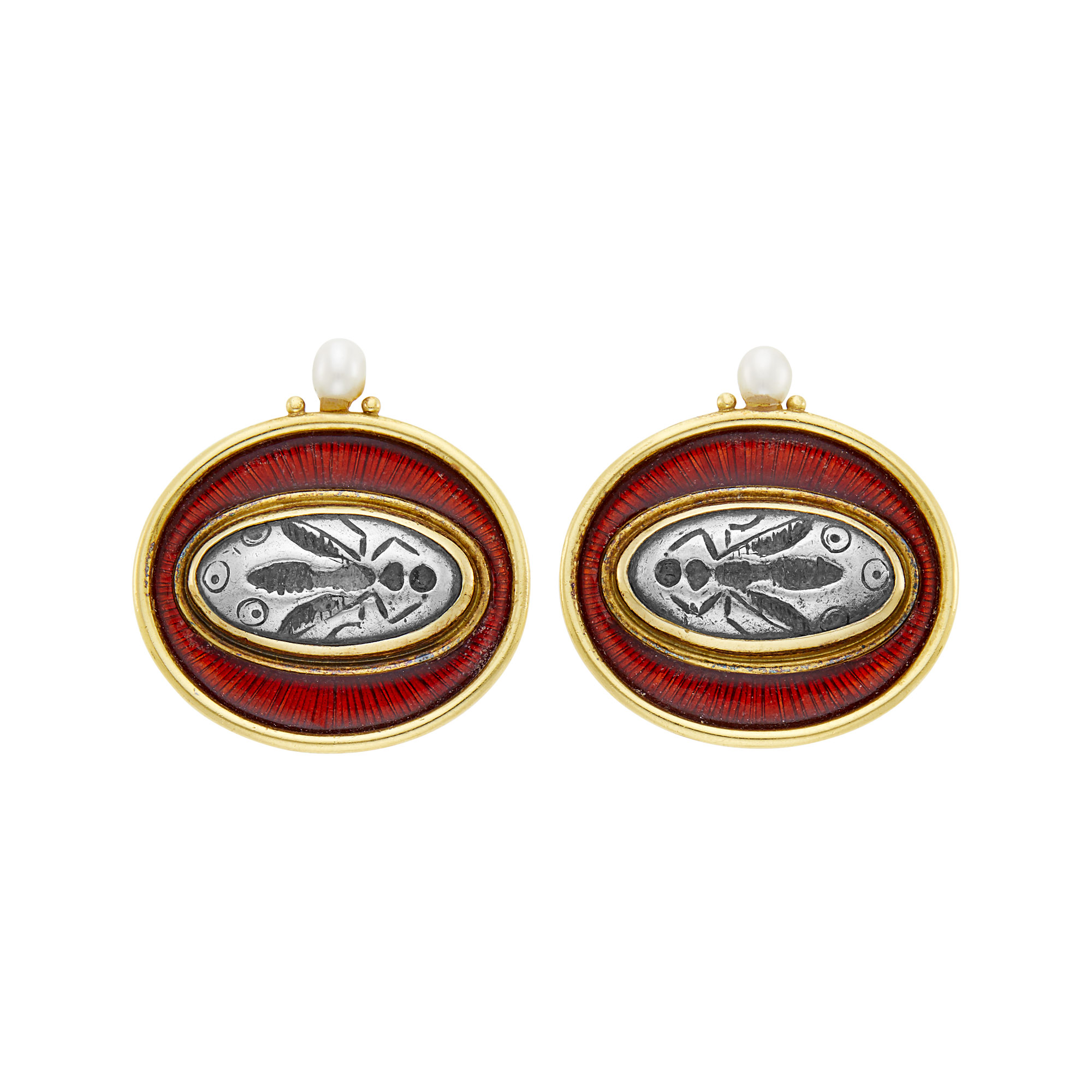 Lot image - Elizabeth Gage Pair of Gold, Silver Intaglio, Red Enamel and Freshwater Pearl Earclips