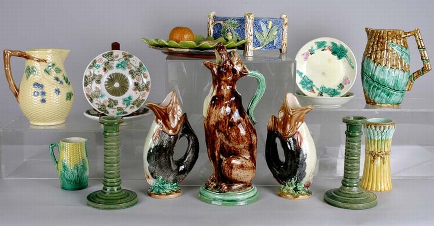 Lot image - Group of Majolica and a Majolica Style Pottery Articles