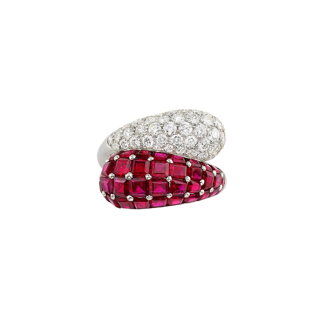 Lot image - Platinum, Diamond and Ruby Crossover Ring, Oscar Heyman Brothers