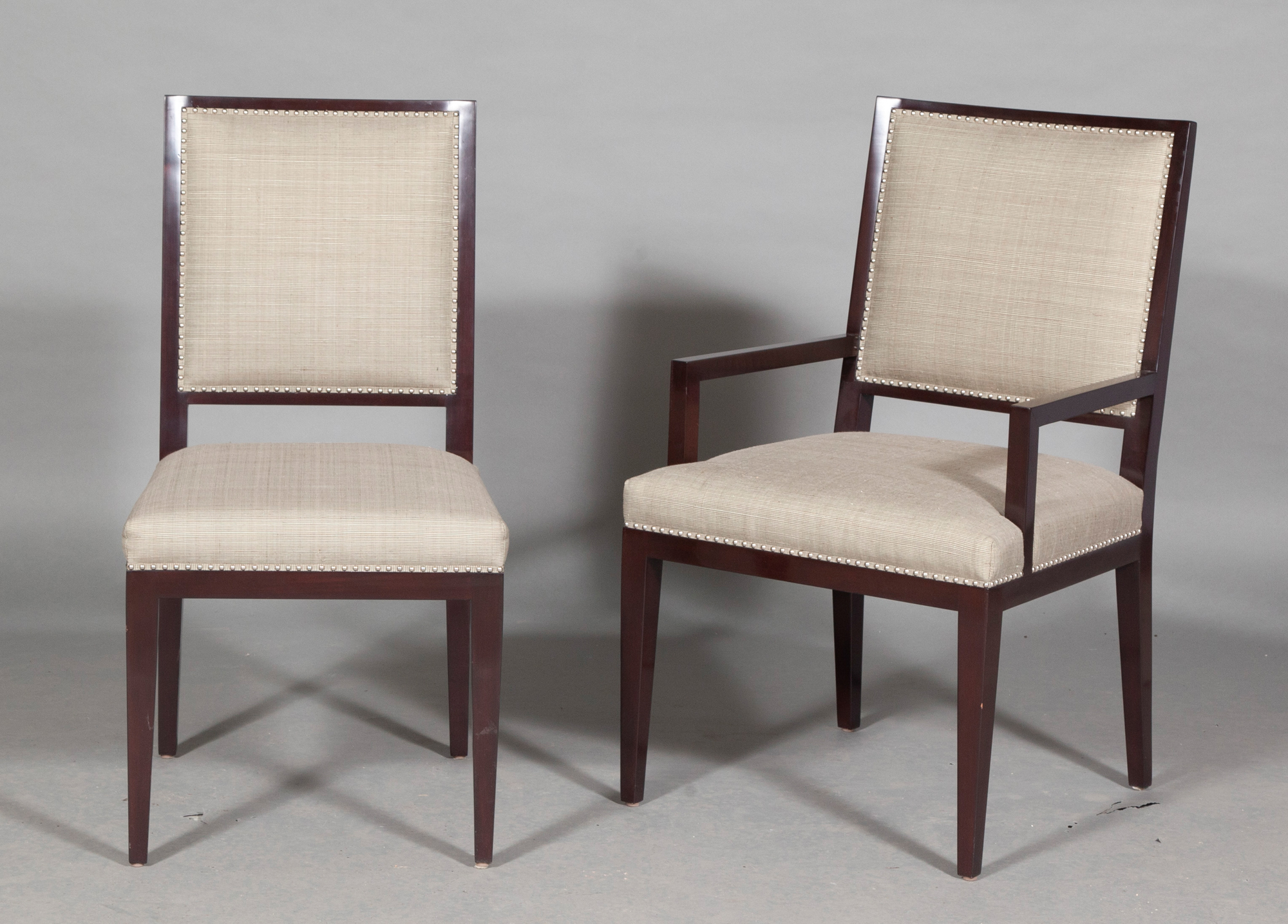 Lot image - Set of Ten A. Rudin Upholstered Dark Stained Wood Dining Chairs