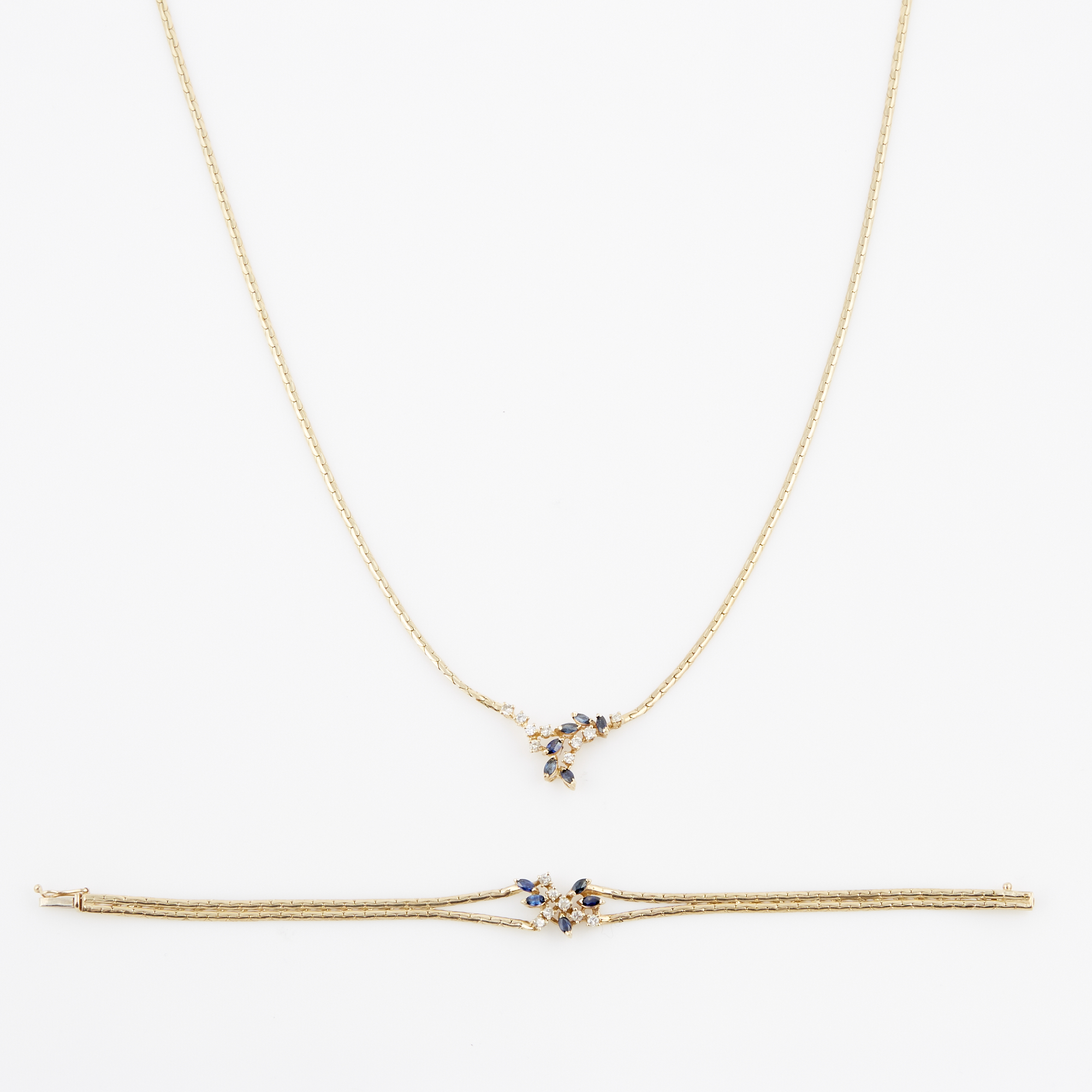 Lot image - Diamond and Stone Necklace and Flexible Bracelet, 14K 10 dwt. all