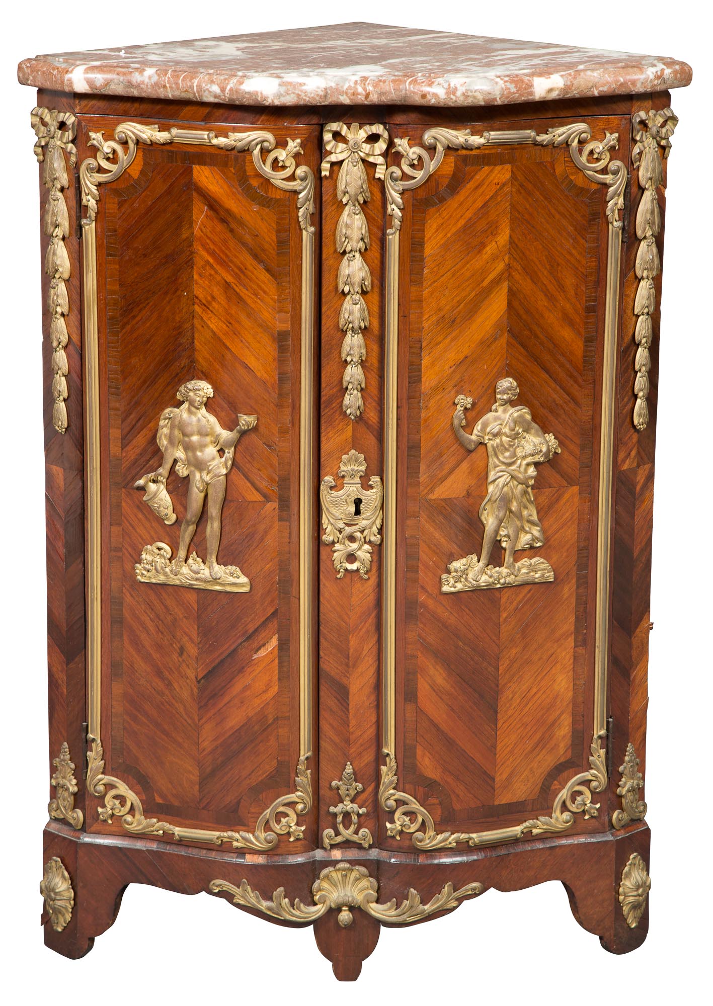 Lot image - Régence Ormolu-Mounted Tulipwood Parquetry Encoignure