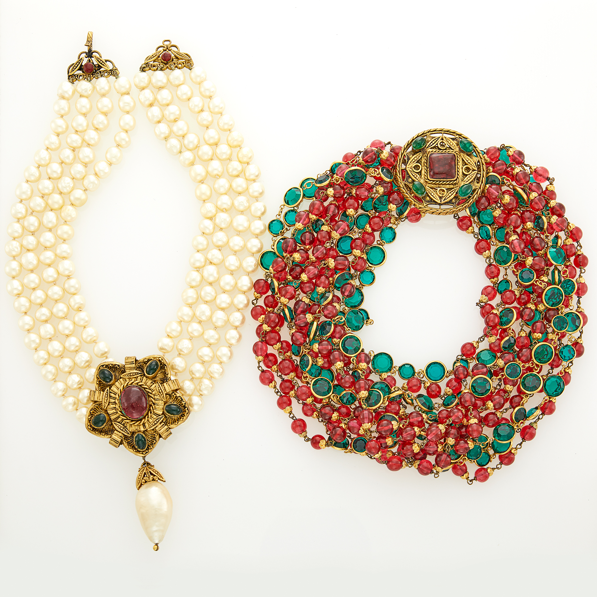 Lot image - Chanel Multistrand Gilt-Metal, Strass and Gripoix Torsade Necklace and Gripoix and Four Strand Glass Imitation Pearl Necklace