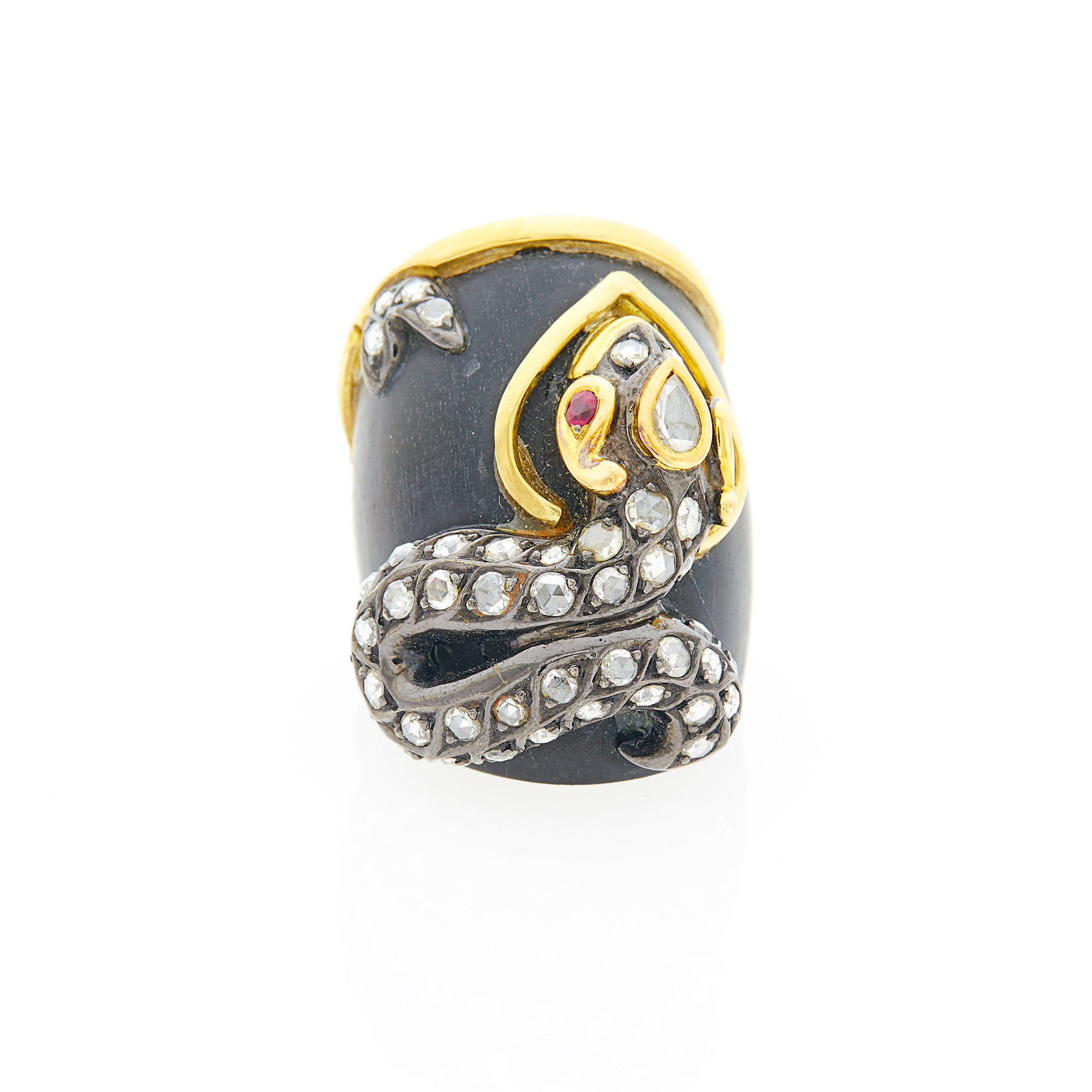 Lot image - Wide Wood, Blackened Silver, Gold, Diamond and Ruby Ring