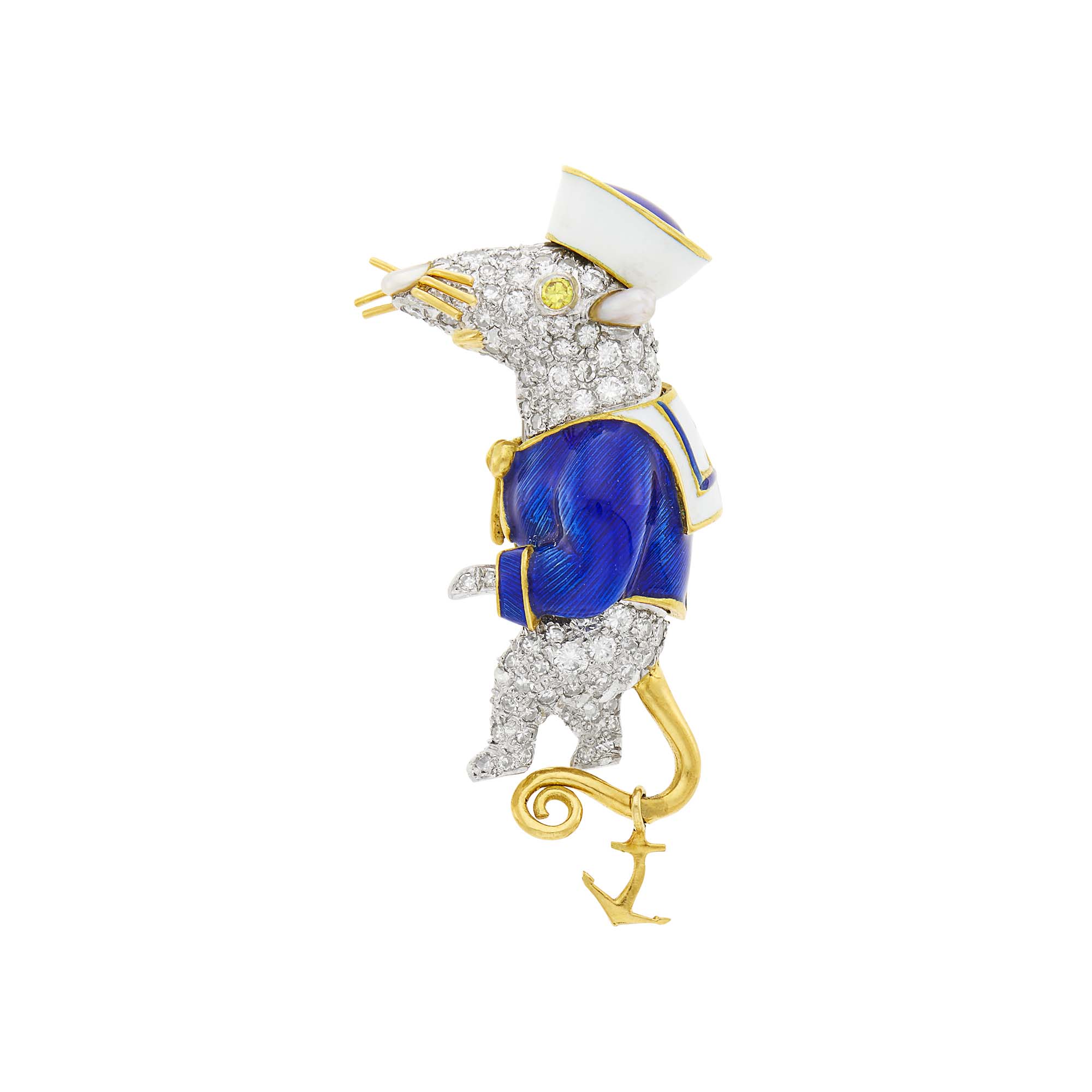 Lot image - Donald Claflin for Tiffany & Co. Gold, Platinum, Enamel and Diamond Stuart Little Sailor Mouse Clip-Brooch
