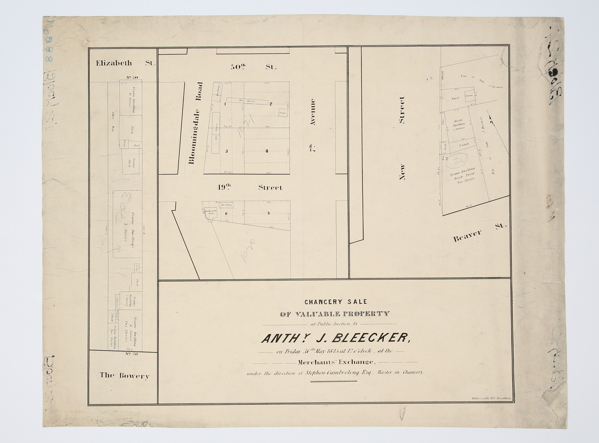 Lot image - [AUCTION MAPS- NEW YORK CITY]  BLEECKER, ANTHONY. Three nineteenth century real estate auction maps of property sold by Anthony J. Bleecker.