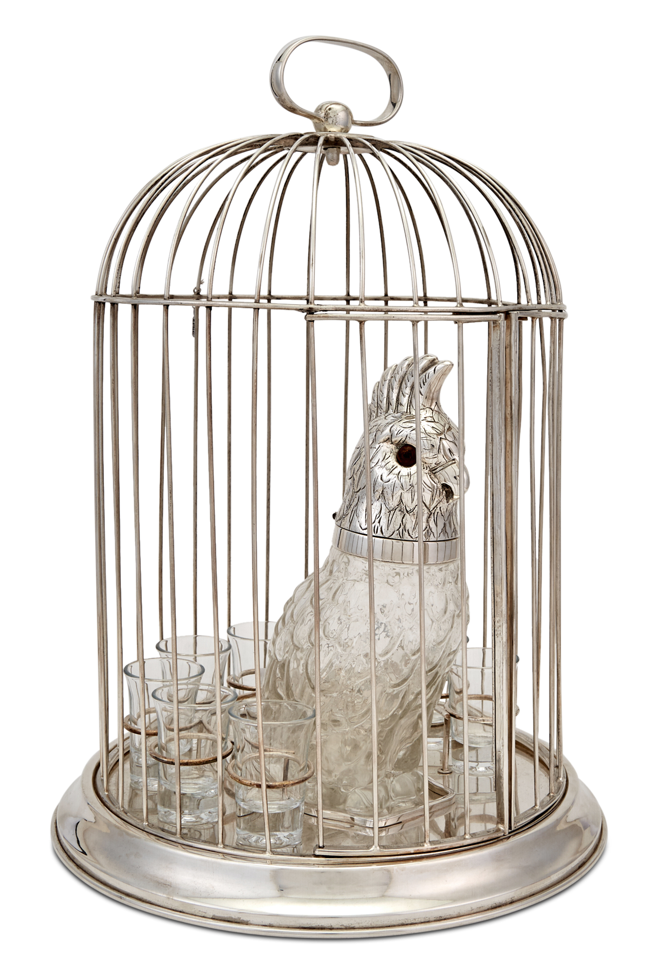Lot image - Novelty Silver Plated and Glass Birdcage Decanter Set
