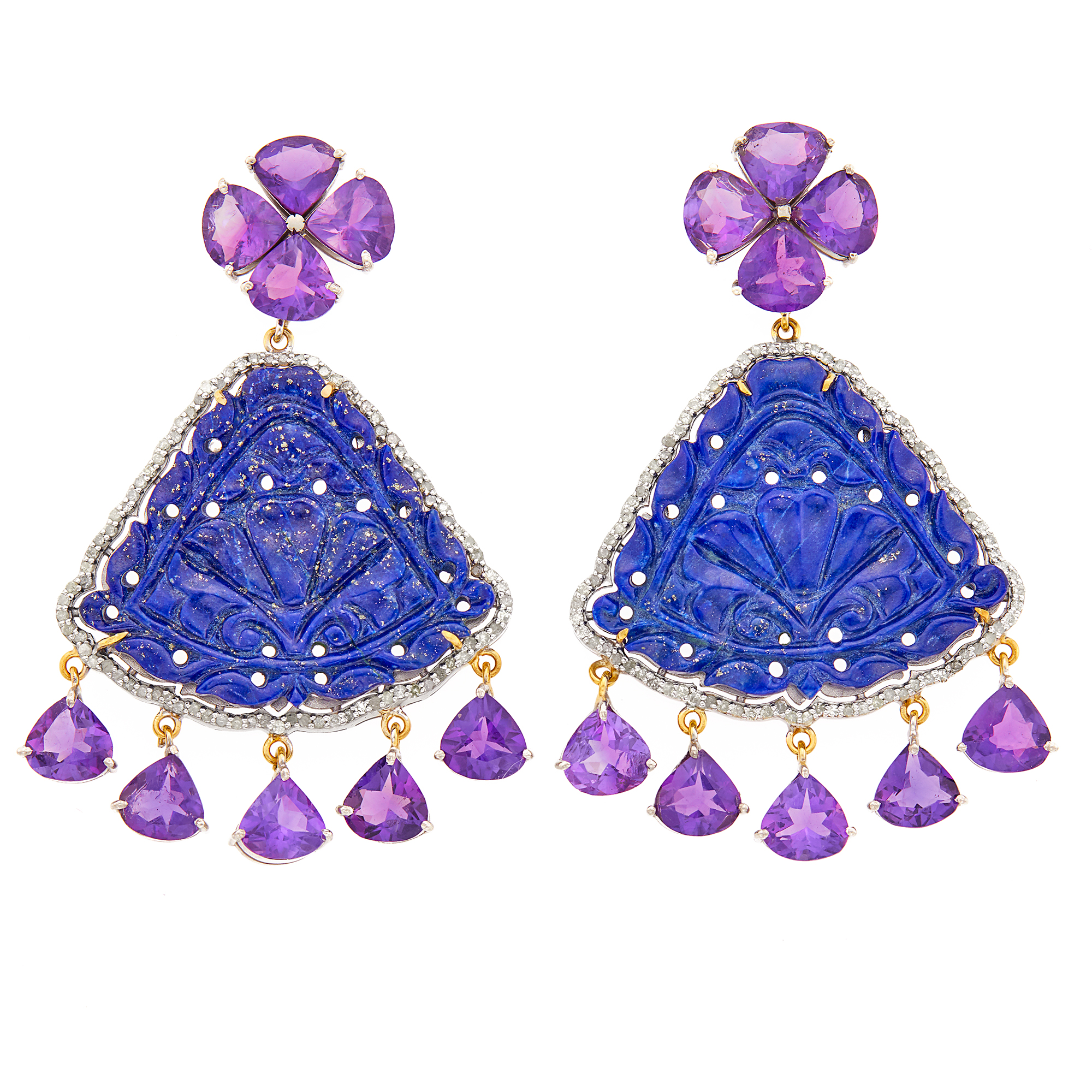 Lot image - Pair of Silver, Gold, Carved Lapis, Amethyst and Diamond Pendant-Earrings