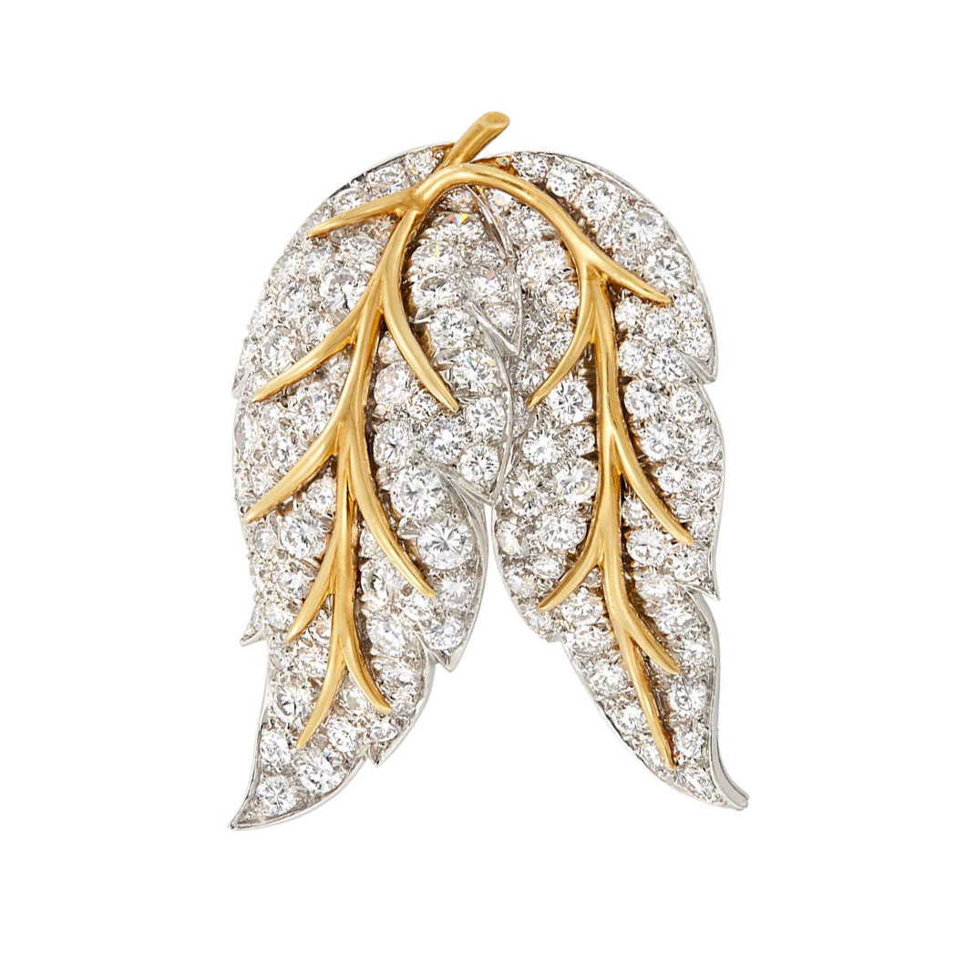 Lot image - Platinum, Gold and Diamond Leaf Clip-Brooch, Tiffany & Co.