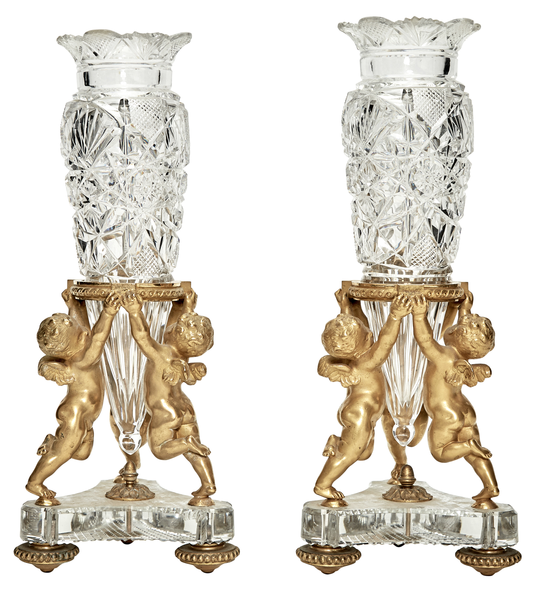 Lot image - Pair of Baccarat Gilt-Bronze Mounted Cut Glass Figural Vases