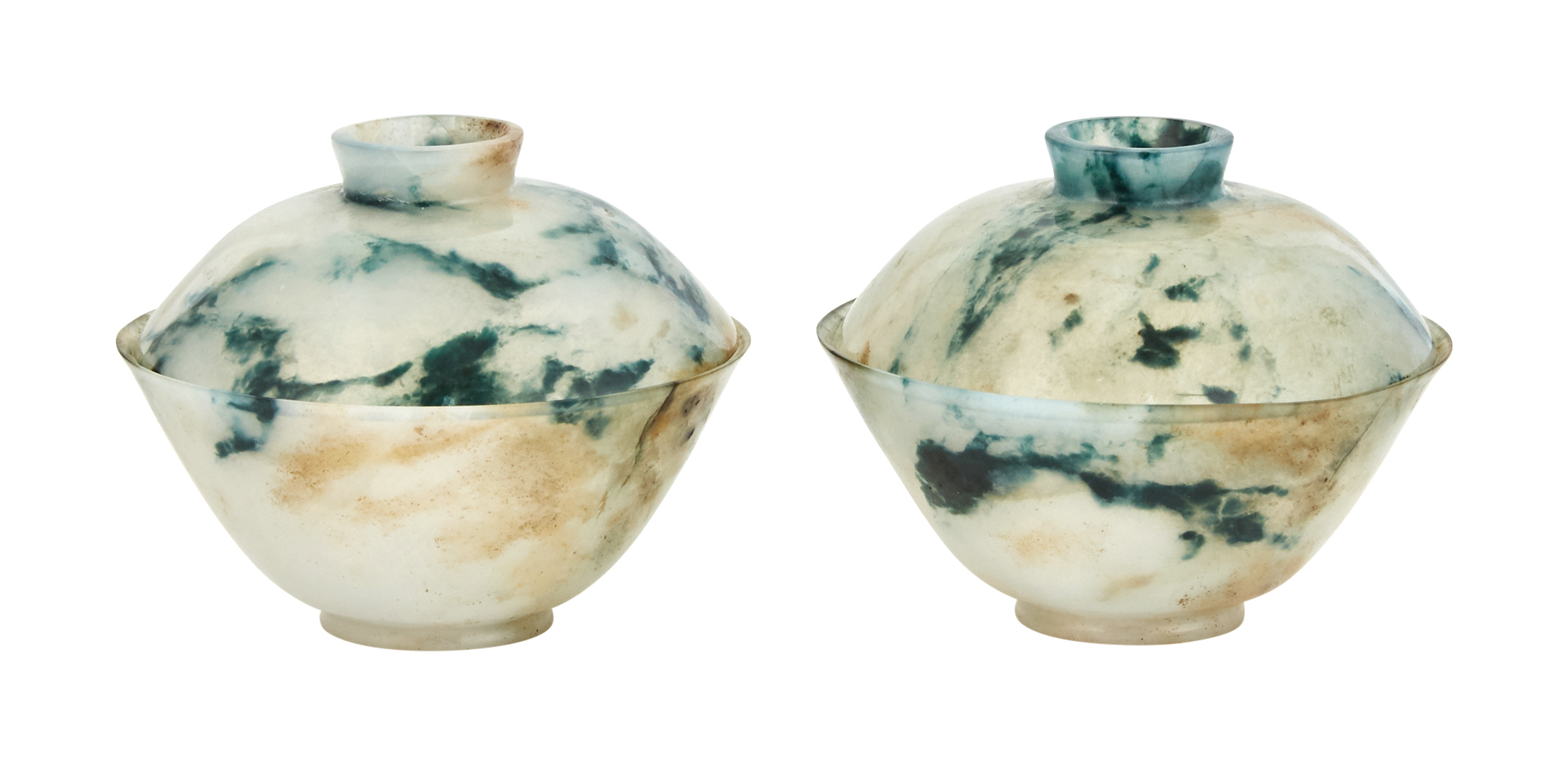 Lot image - A Pair of Chinese Mottled Jade Bowls and Covers