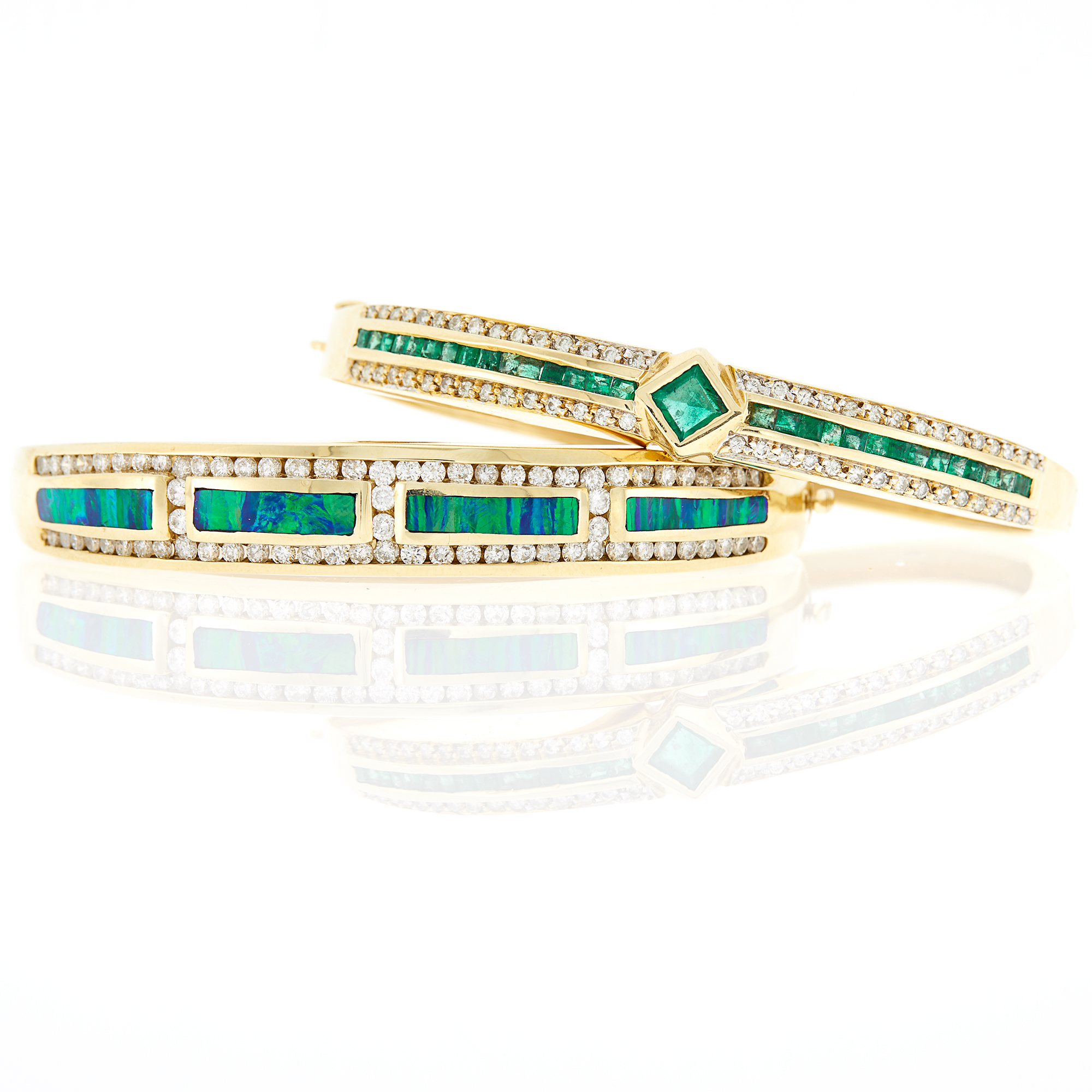 Lot image - Gold, Black Opal and Diamond Bangle Bracelet and Emerald and Diamond Bangle Bracelet