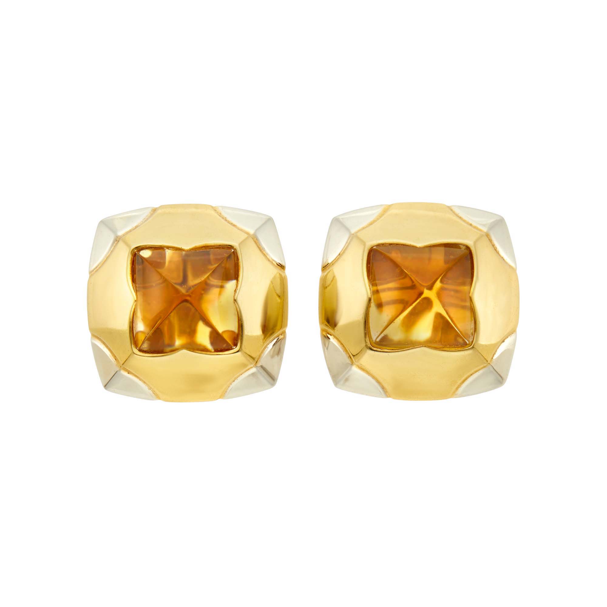 Lot image - Bulgari Pair of Two-Color Gold and Citrine Pyramid Earclips