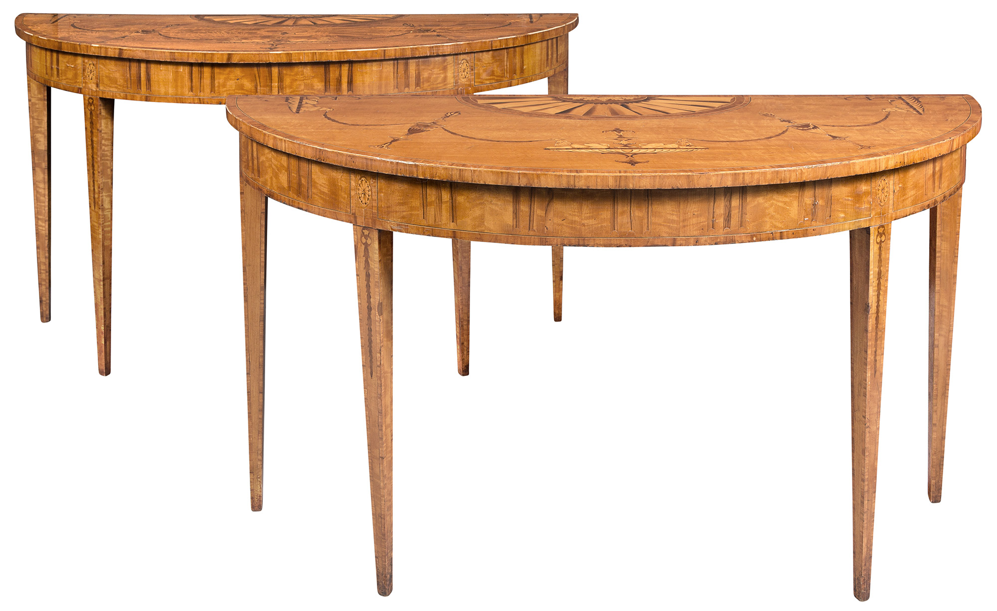 Lot image - Pair of George III Style Satinwood and Marquetry Side Tables in the style of Mayhew and Ince