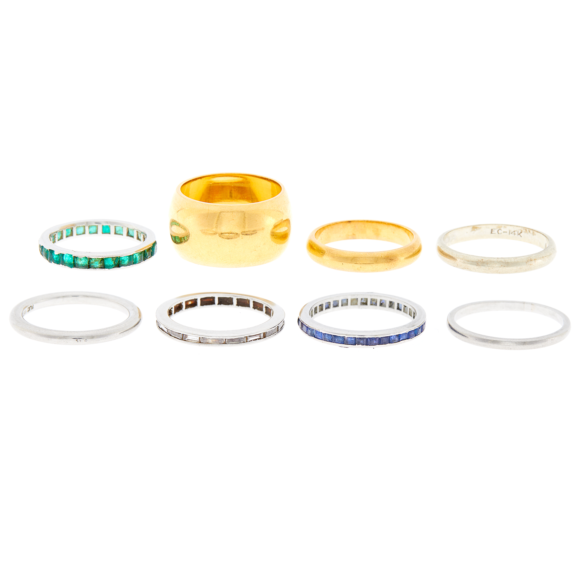 Lot image - Eight Platinum, Yellow and White Gold, Diamond and Gem-Set Band Rings