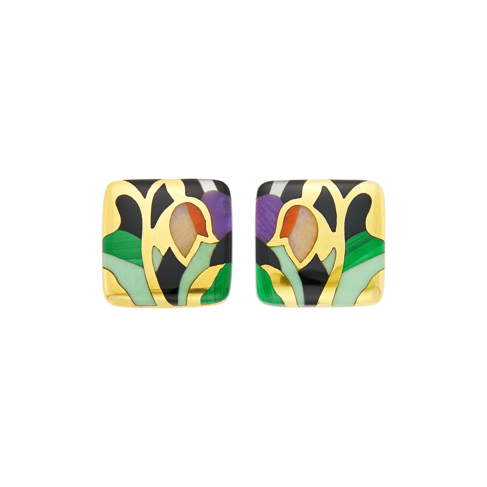 Lot image - Asch Grossbardt Pair of Gold and Hardstone Tulip Earrings