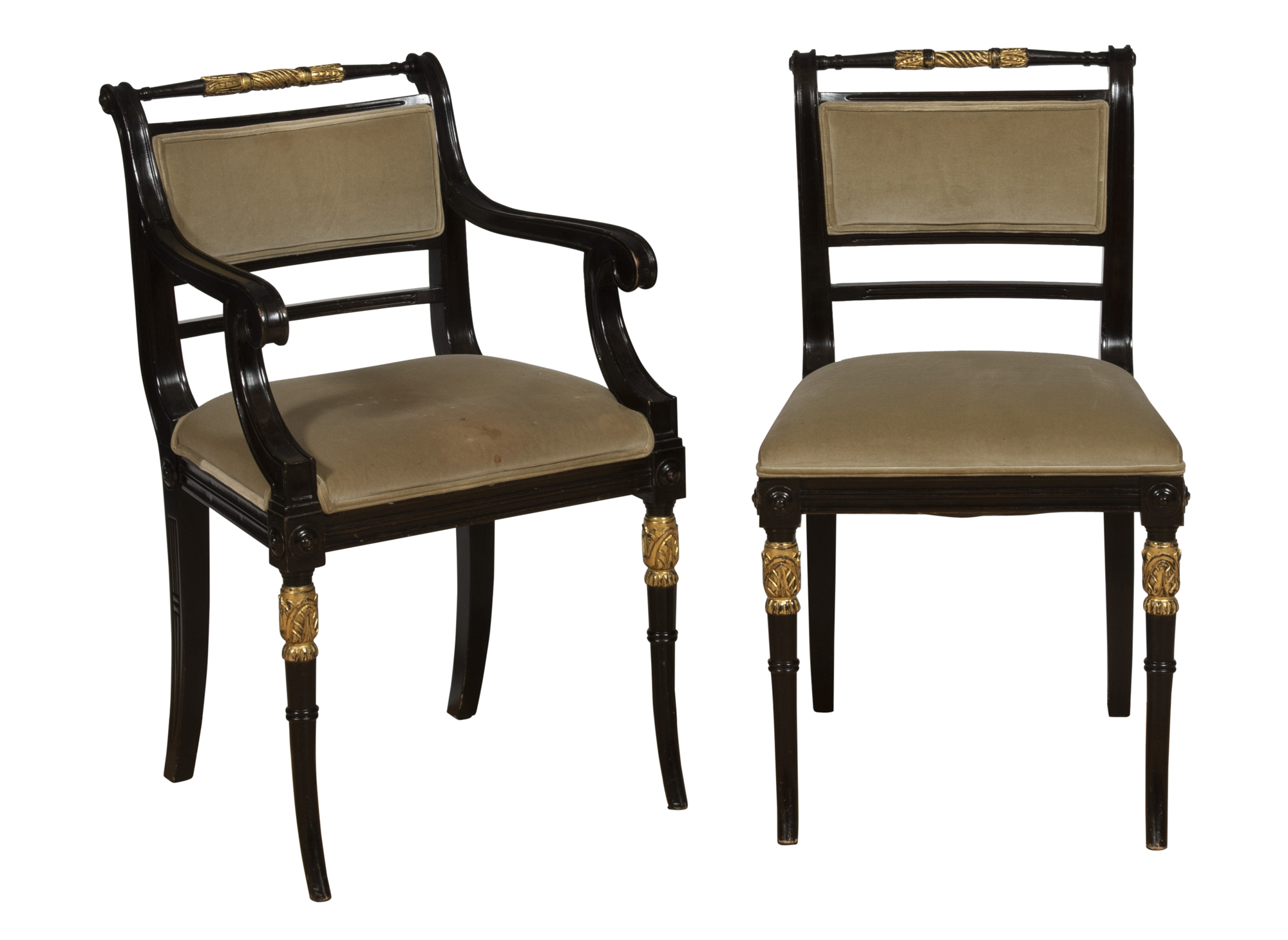 Lot image - Set of Eight Regency Style Ebonized and Parcel-Gilt Dining Chairs