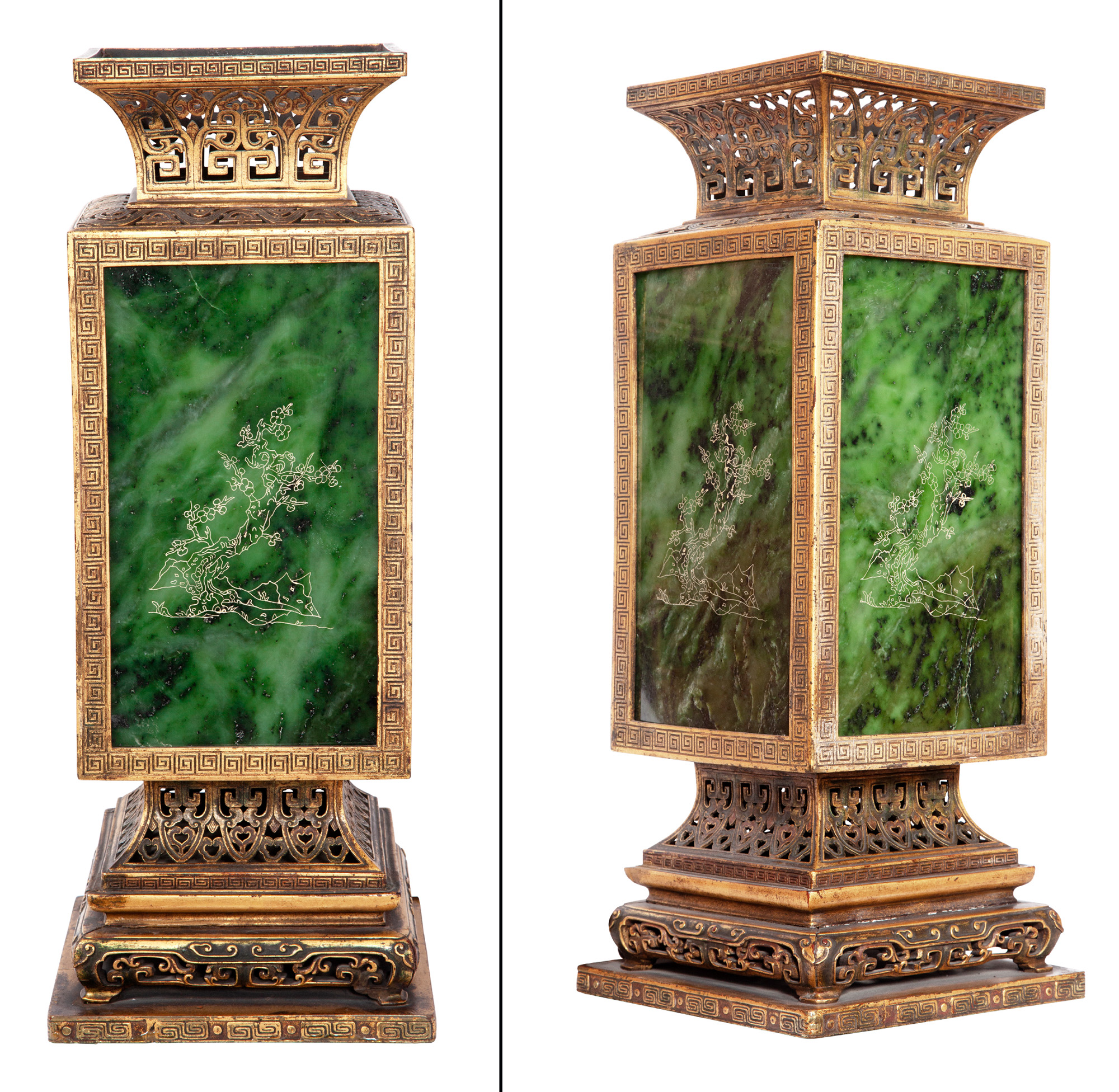 Lot image - Pair of Chinese Square Form Gilt-Metal Lamps with Hatched Spinach Jade Panels