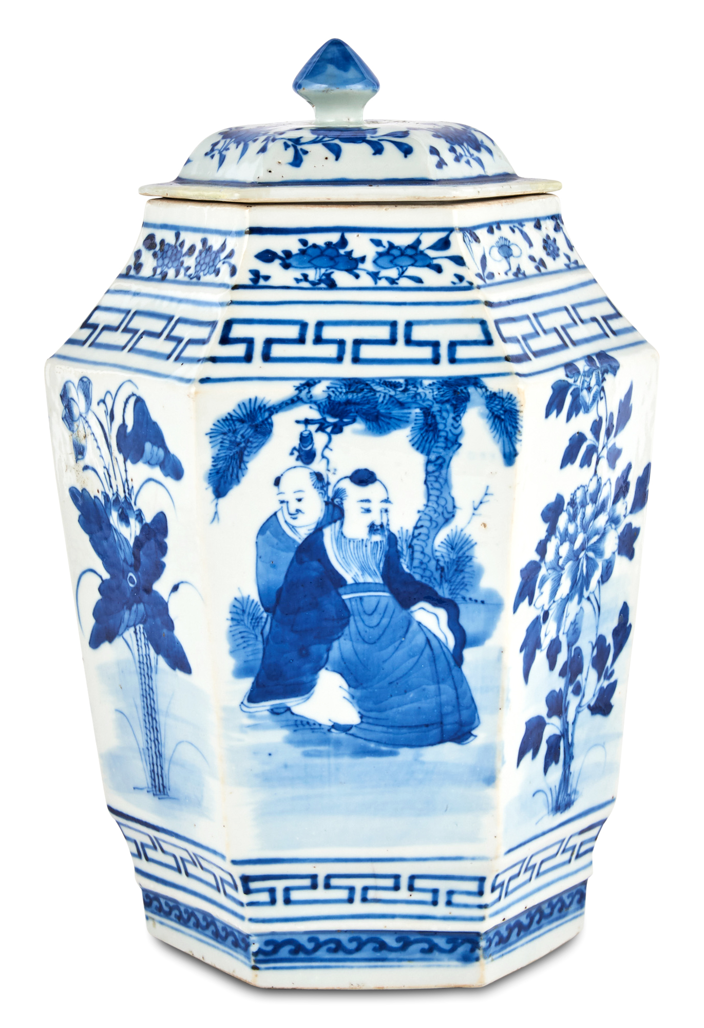 Lot image - A Chinese Blue and White Hexagonal Jar with Cover