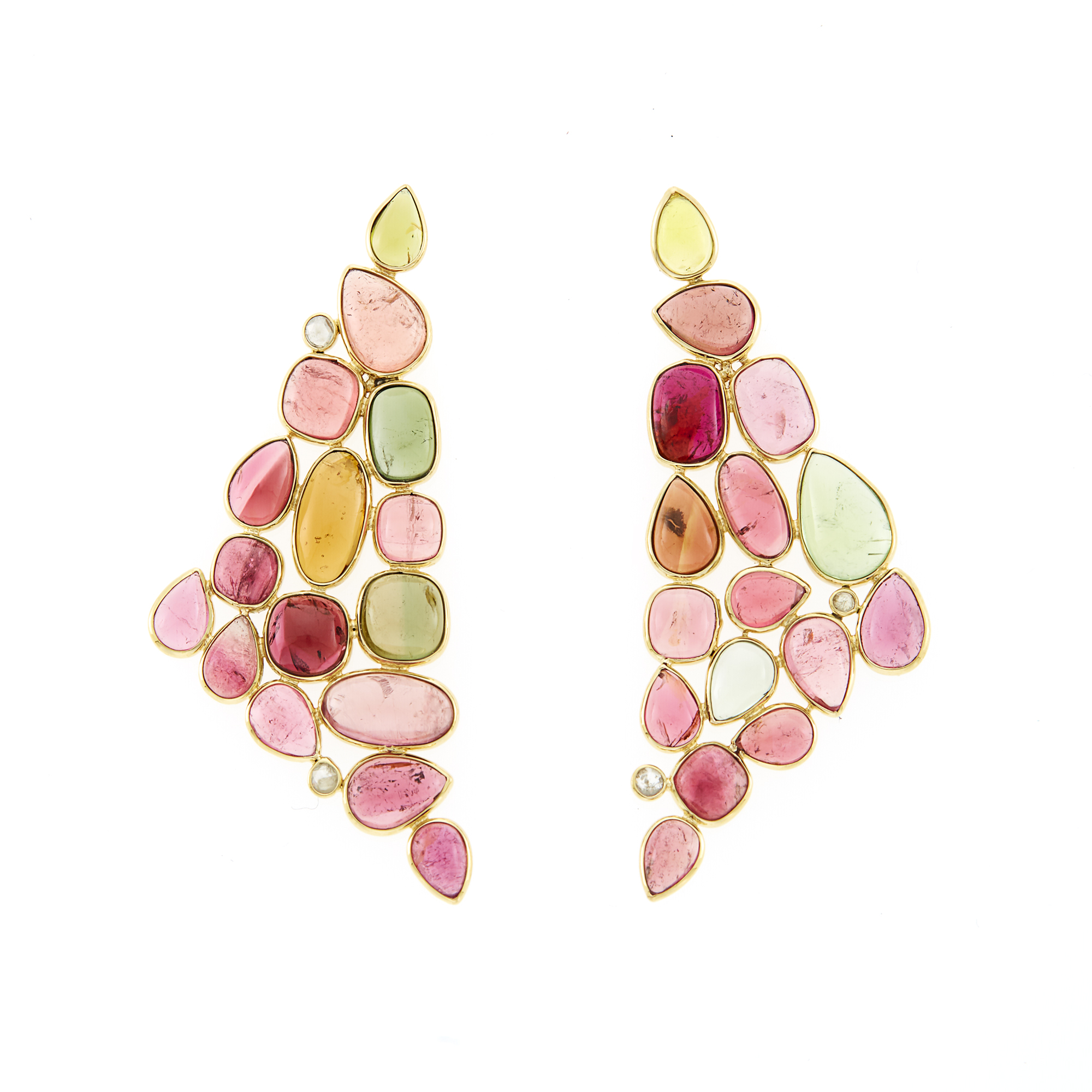 Lot image - Pair of Gold, Multicolored Cabochon Tourmaline and Diamond Pendant-Earrings