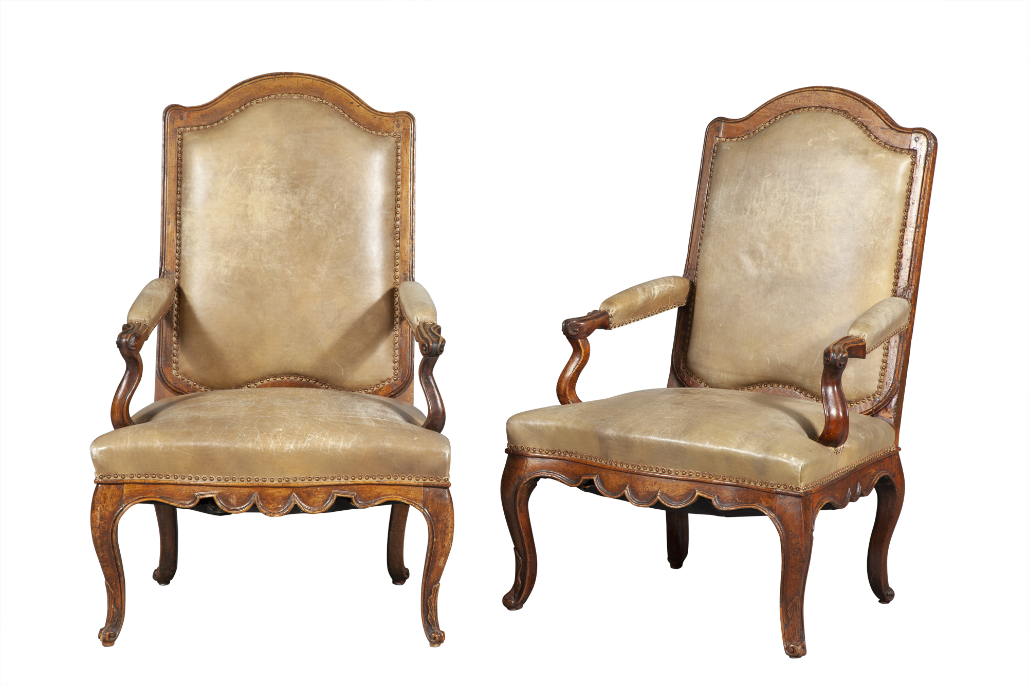 Lot image - Pair of Louis XV Provincial Leather Upholstered Walnut Fauteuils
