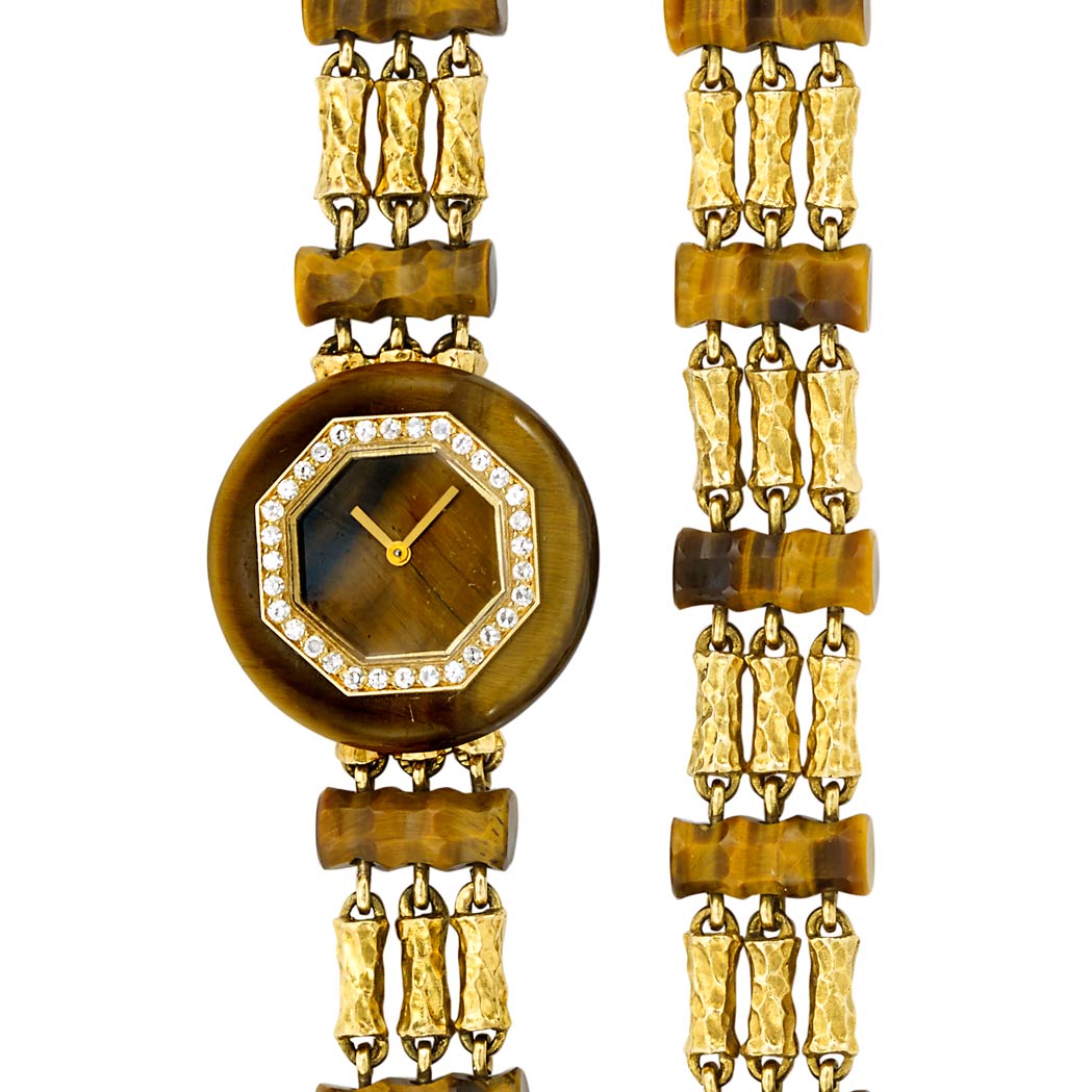 Lot image - Triple Strand Gold, Tiger's Eye and Diamond Wristwatch and Bracelet, Boucheron, Paris