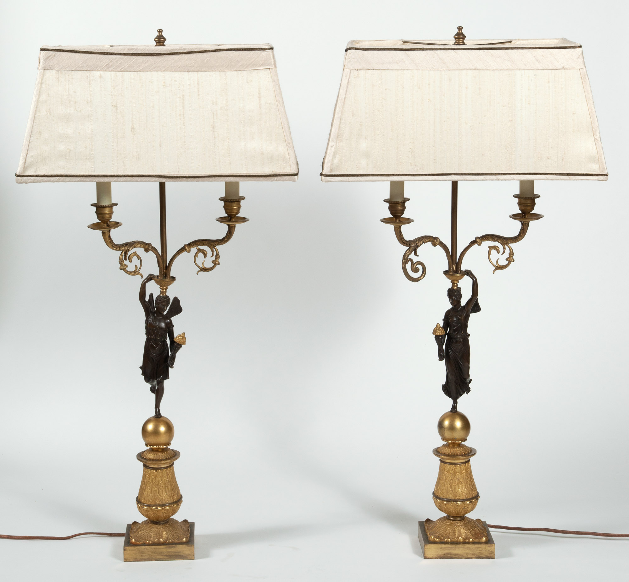 Lot image - Pair of Restauration Patinated and Gilt-Bronze Two-Light Candelabra