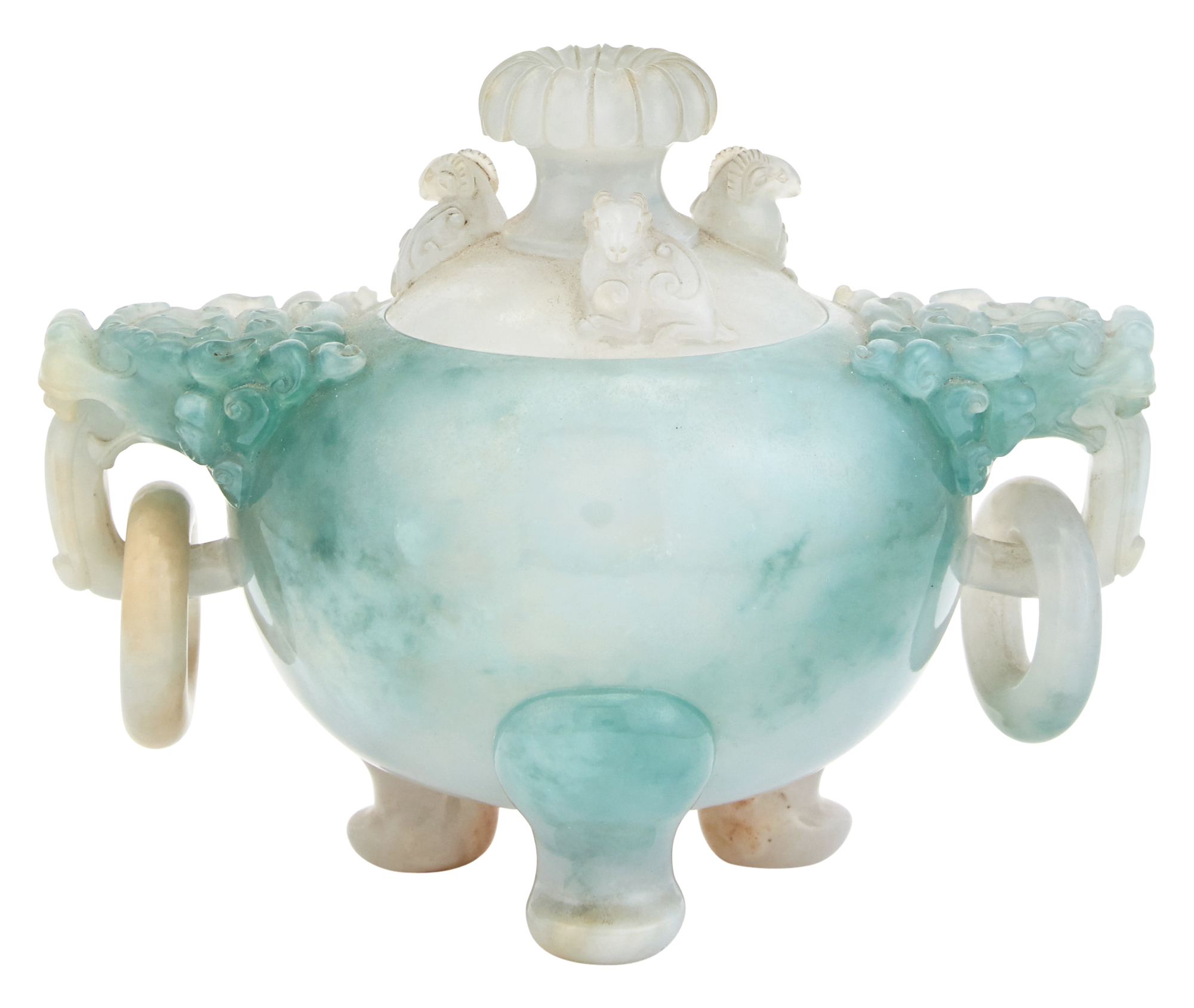 Lot image - A Chinese Jadeite Tripod Censer and Cover