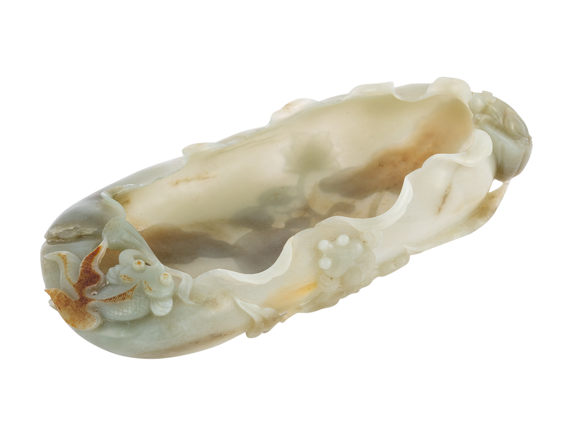 Lot image - A Chinese Celadon and Russet Jade Leaf-Form Brush Washer