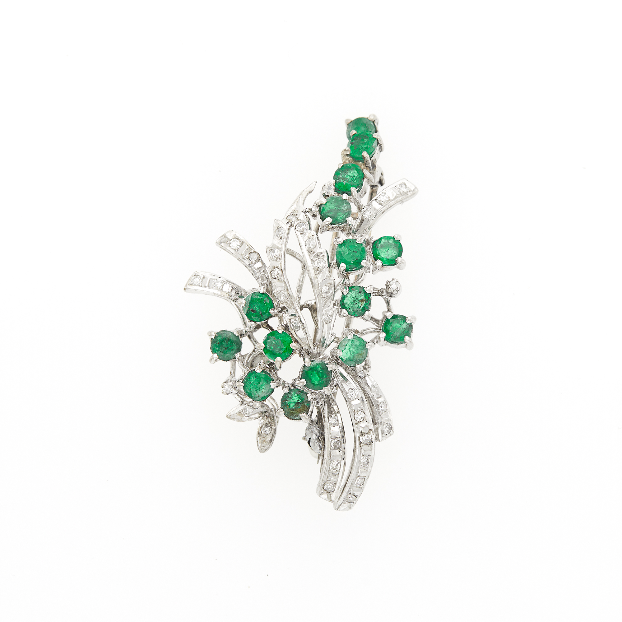 Lot image - Low Karat White Gold, Emerald and Diamond Clip-Brooch