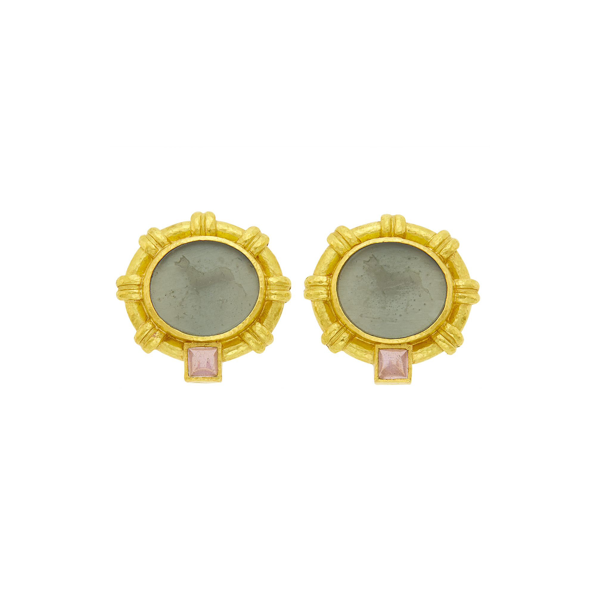 Lot image - Elizabeth Locke Pair of Gold, Green Venetian Glass Intaglio, Mother-of-Pearl and Moonstone Earclips